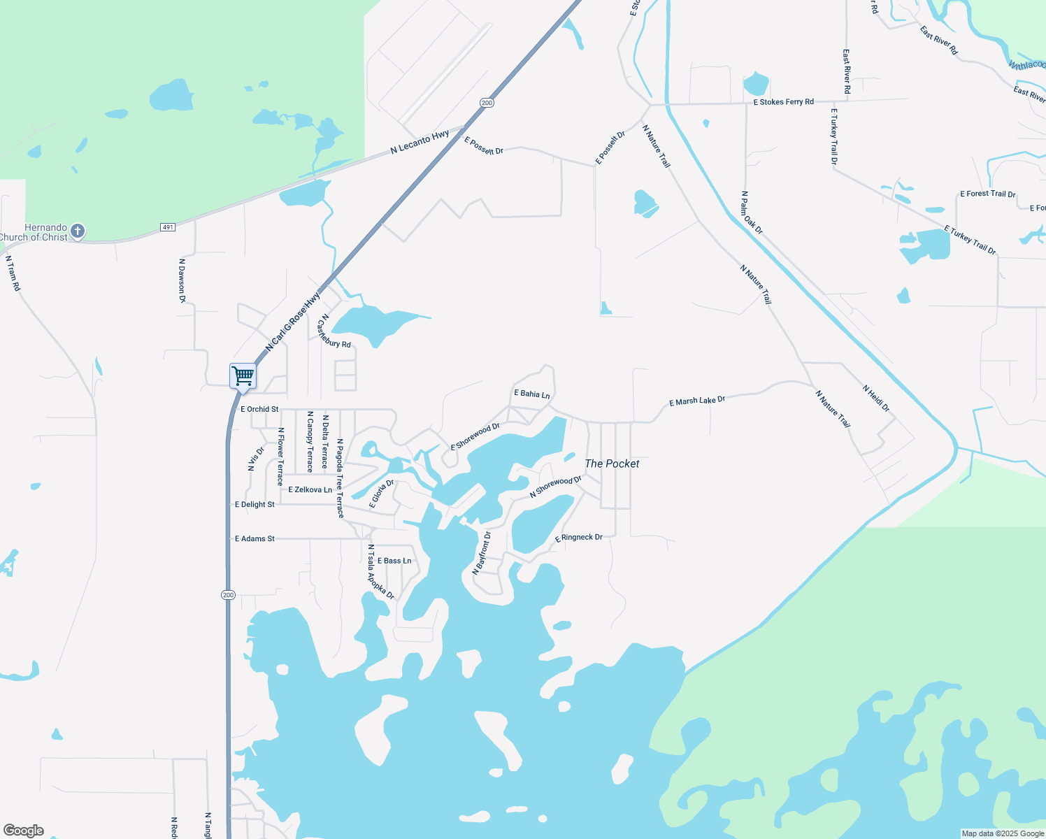 map of restaurants, bars, coffee shops, grocery stores, and more near 4440 East Shorewood Drive in Hernando
