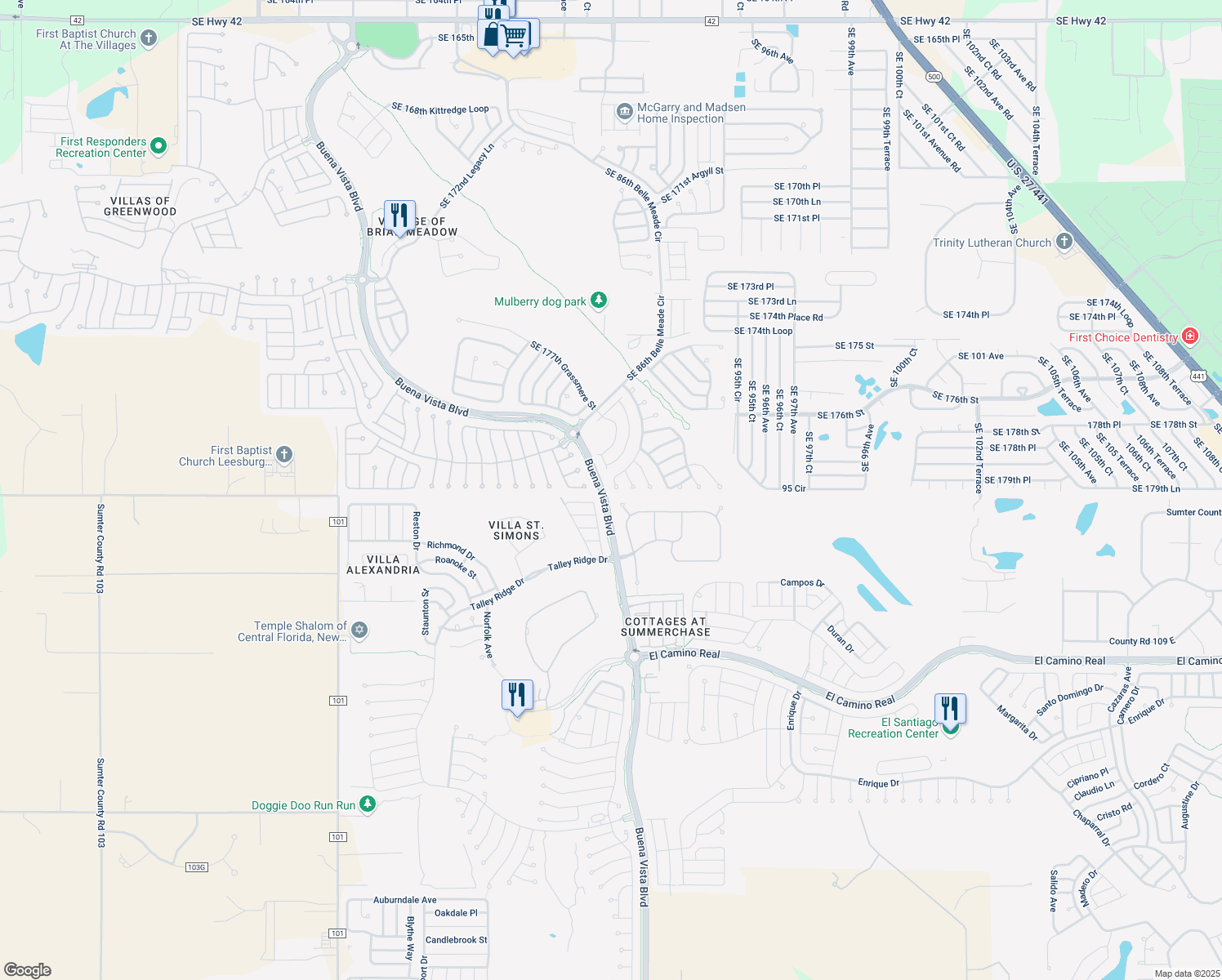map of restaurants, bars, coffee shops, grocery stores, and more near 17996 Southeast 91st Poplar Terrace in The Villages