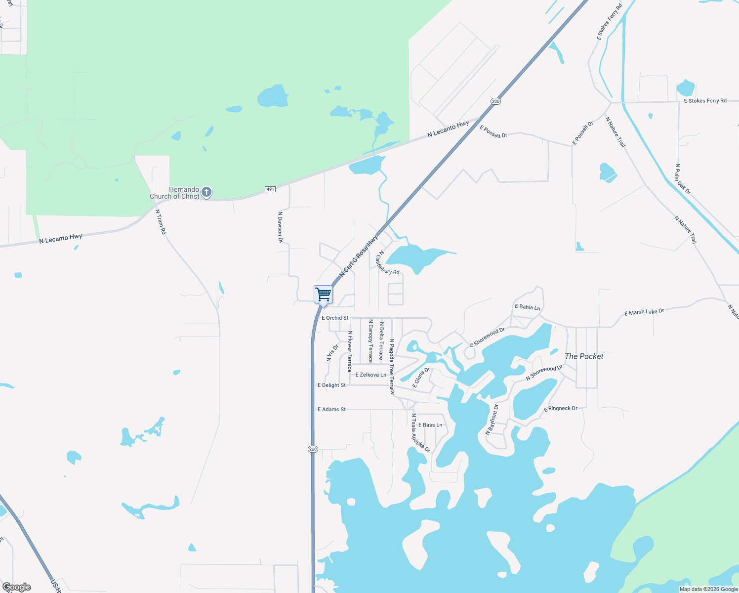 map of restaurants, bars, coffee shops, grocery stores, and more near 6781 North Birch Terrace in Hernando