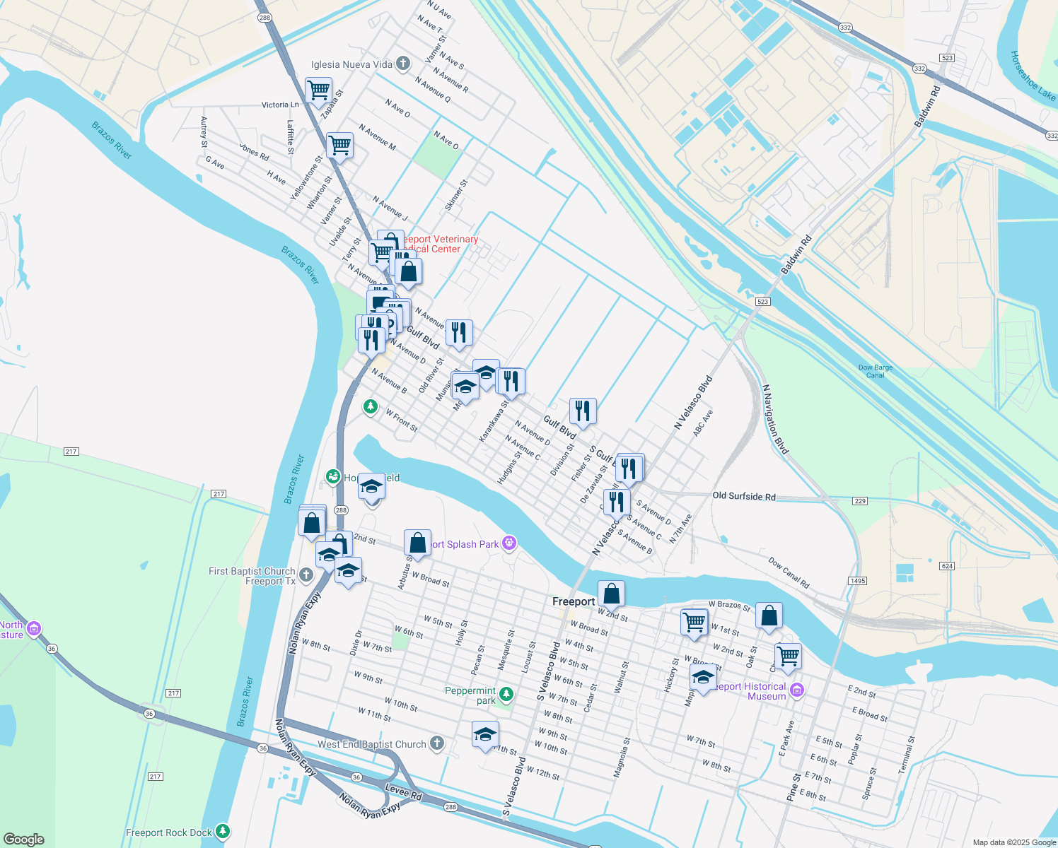 map of restaurants, bars, coffee shops, grocery stores, and more near 210 North Avenue D in Freeport