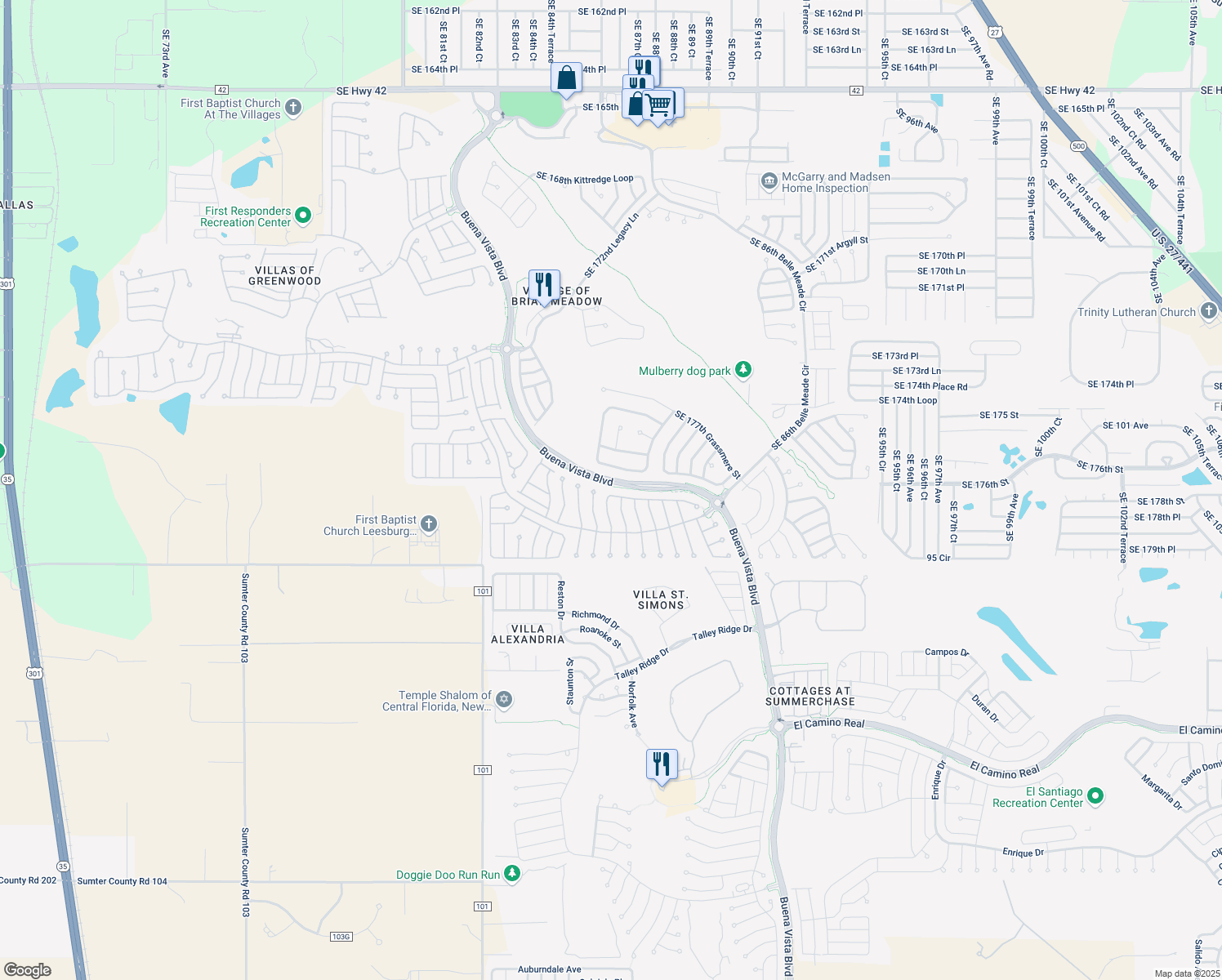 map of restaurants, bars, coffee shops, grocery stores, and more near 17840 Southeast 86th Oak Leaf Terrace in The Villages