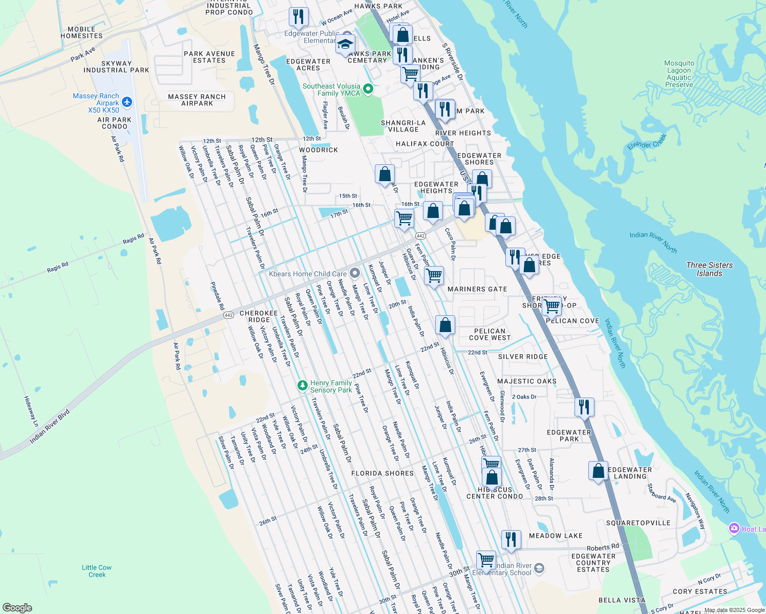 map of restaurants, bars, coffee shops, grocery stores, and more near 1932 Kumquat Dr in Edgewater