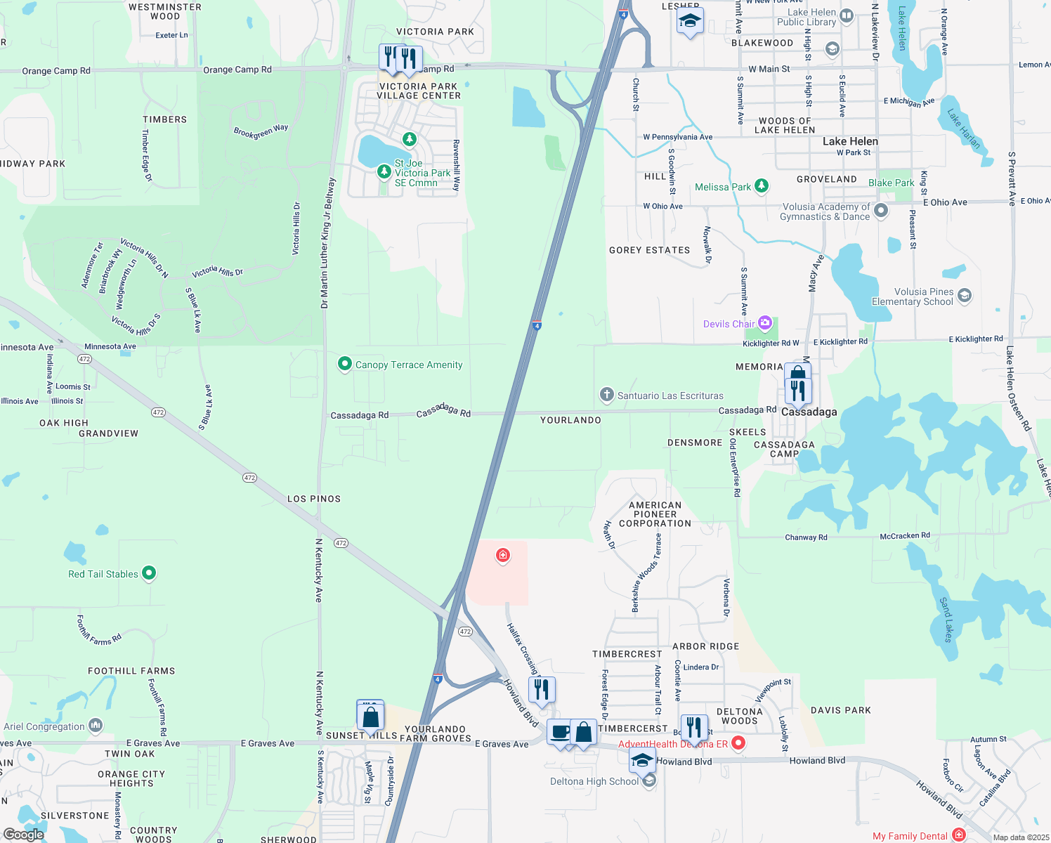 map of restaurants, bars, coffee shops, grocery stores, and more near 981 Cassadaga Road in Lake Helen