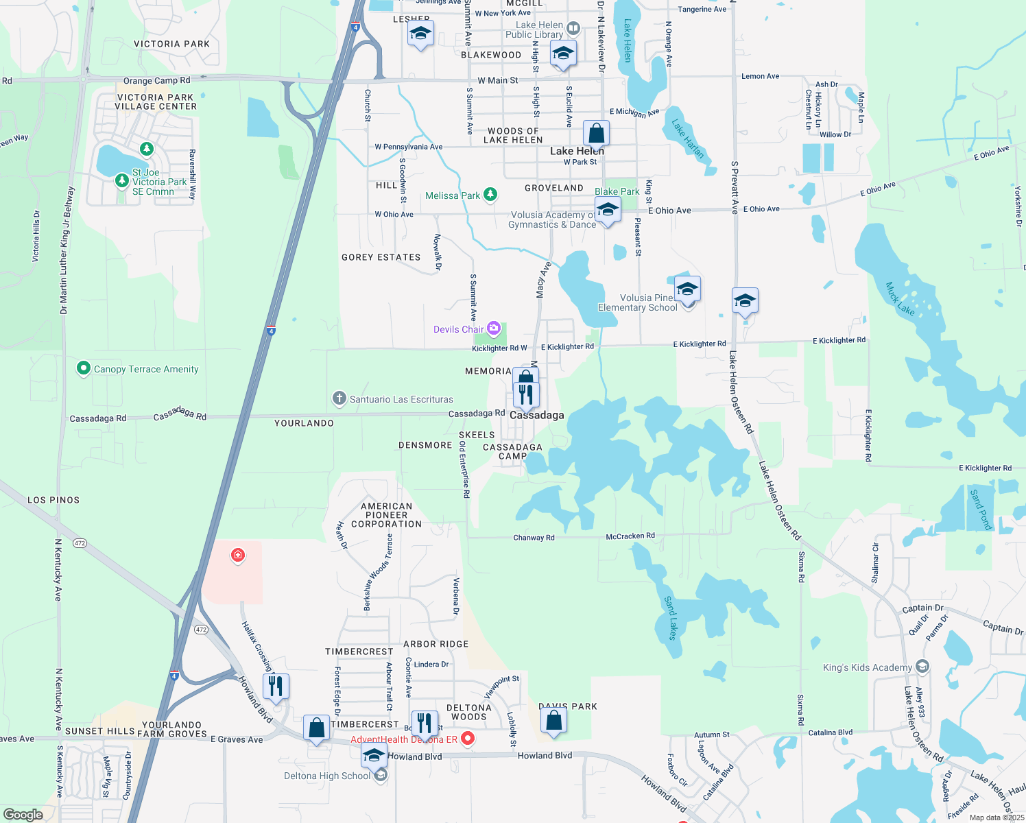 map of restaurants, bars, coffee shops, grocery stores, and more near 550 Cassadaga Road in Lake Helen
