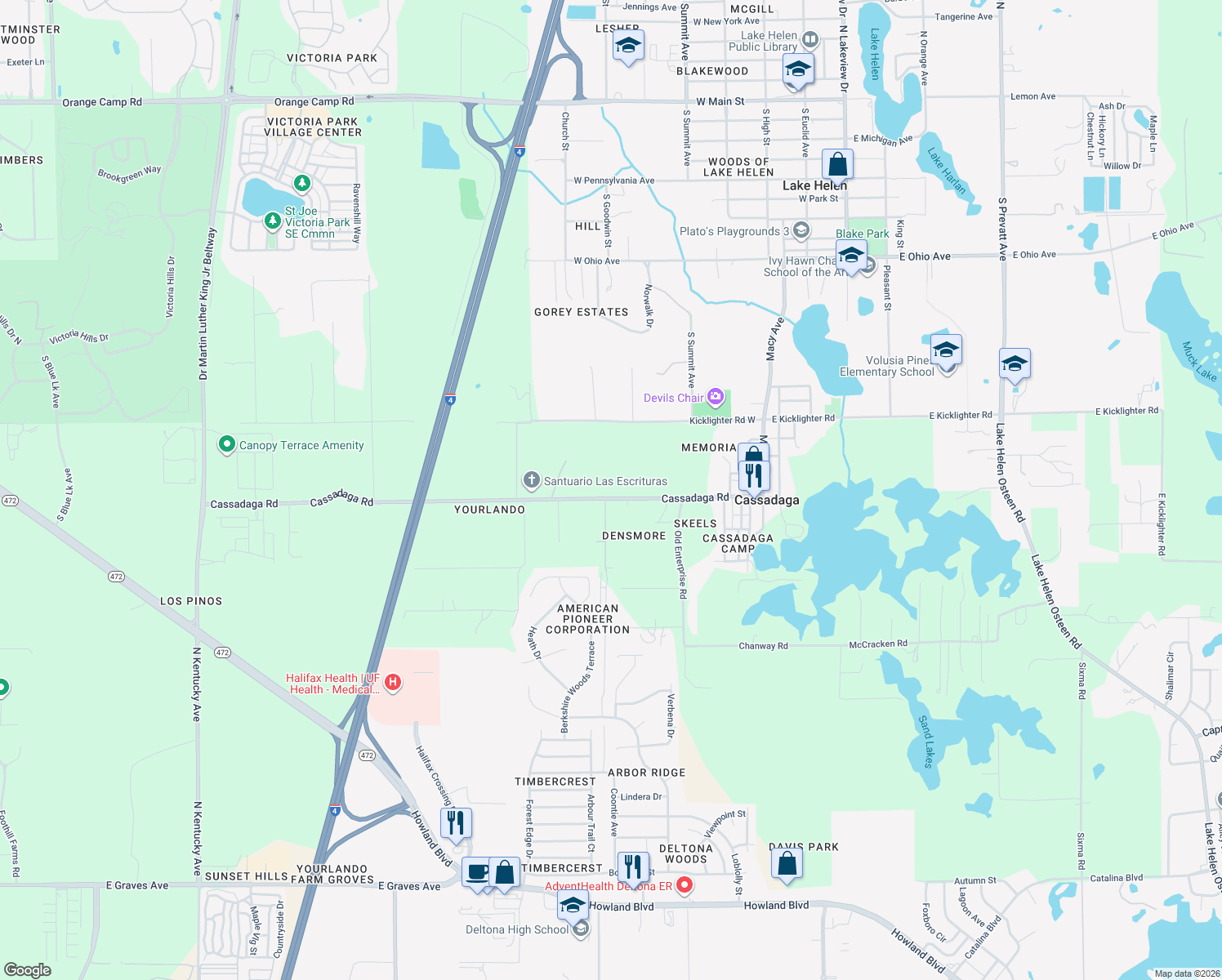 map of restaurants, bars, coffee shops, grocery stores, and more near 794 Cassadaga Road in Lake Helen