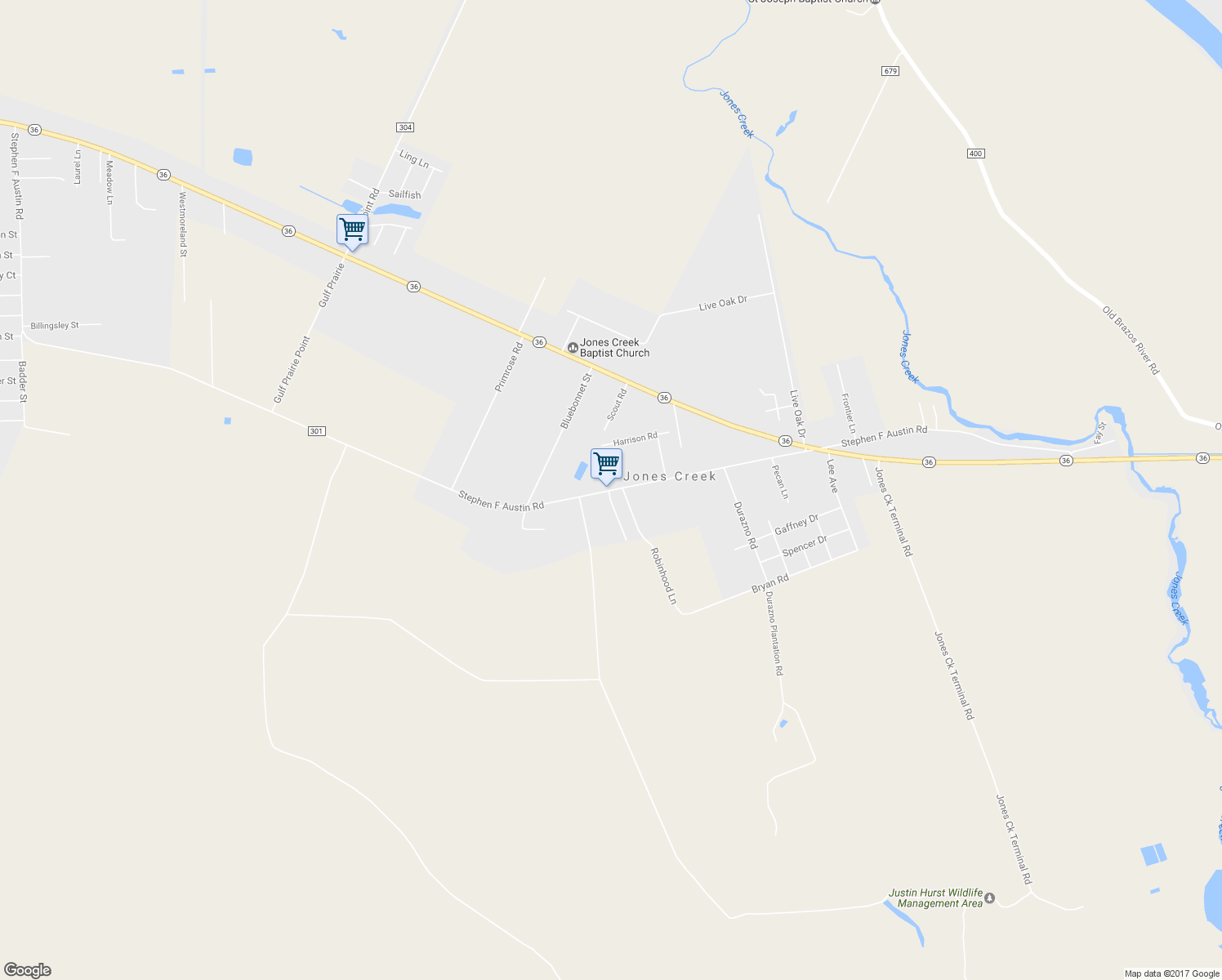 map of restaurants, bars, coffee shops, grocery stores, and more near 7002 Stephen F Austin Road in Jones Creek