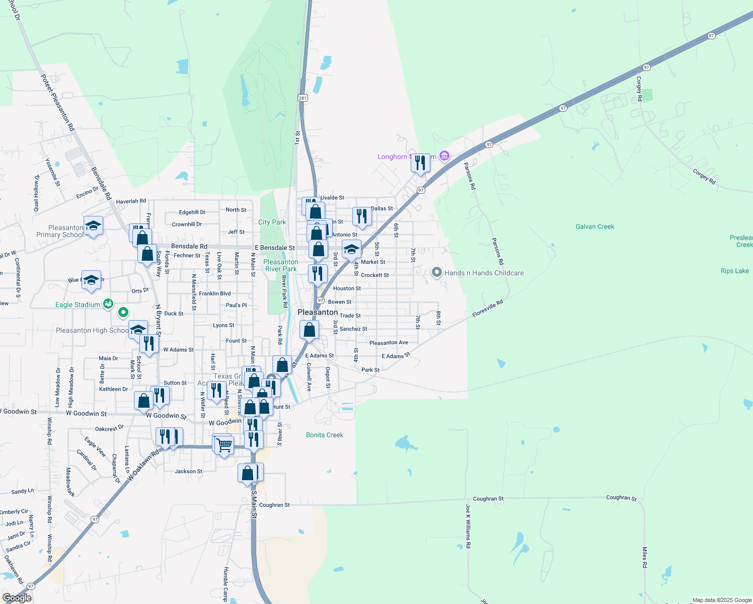 map of restaurants, bars, coffee shops, grocery stores, and more near 1001 5th Street in Pleasanton