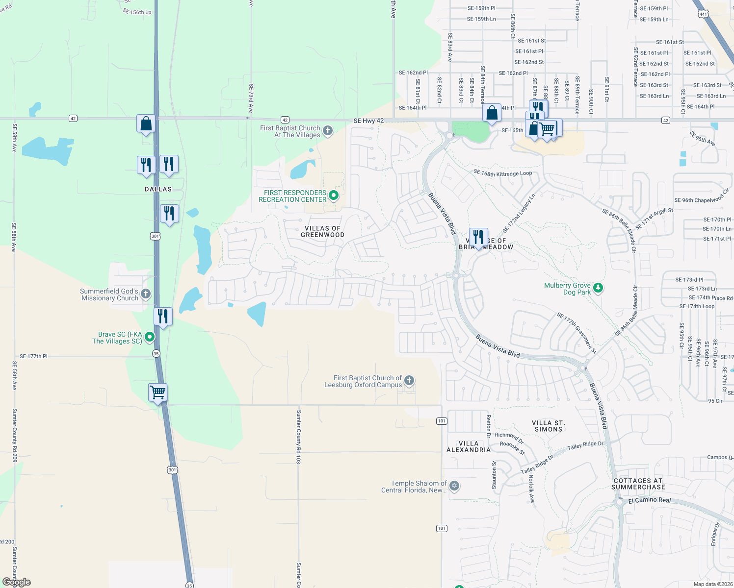 map of restaurants, bars, coffee shops, grocery stores, and more near 17387 Southeast 78th Harmony Circle in The Villages
