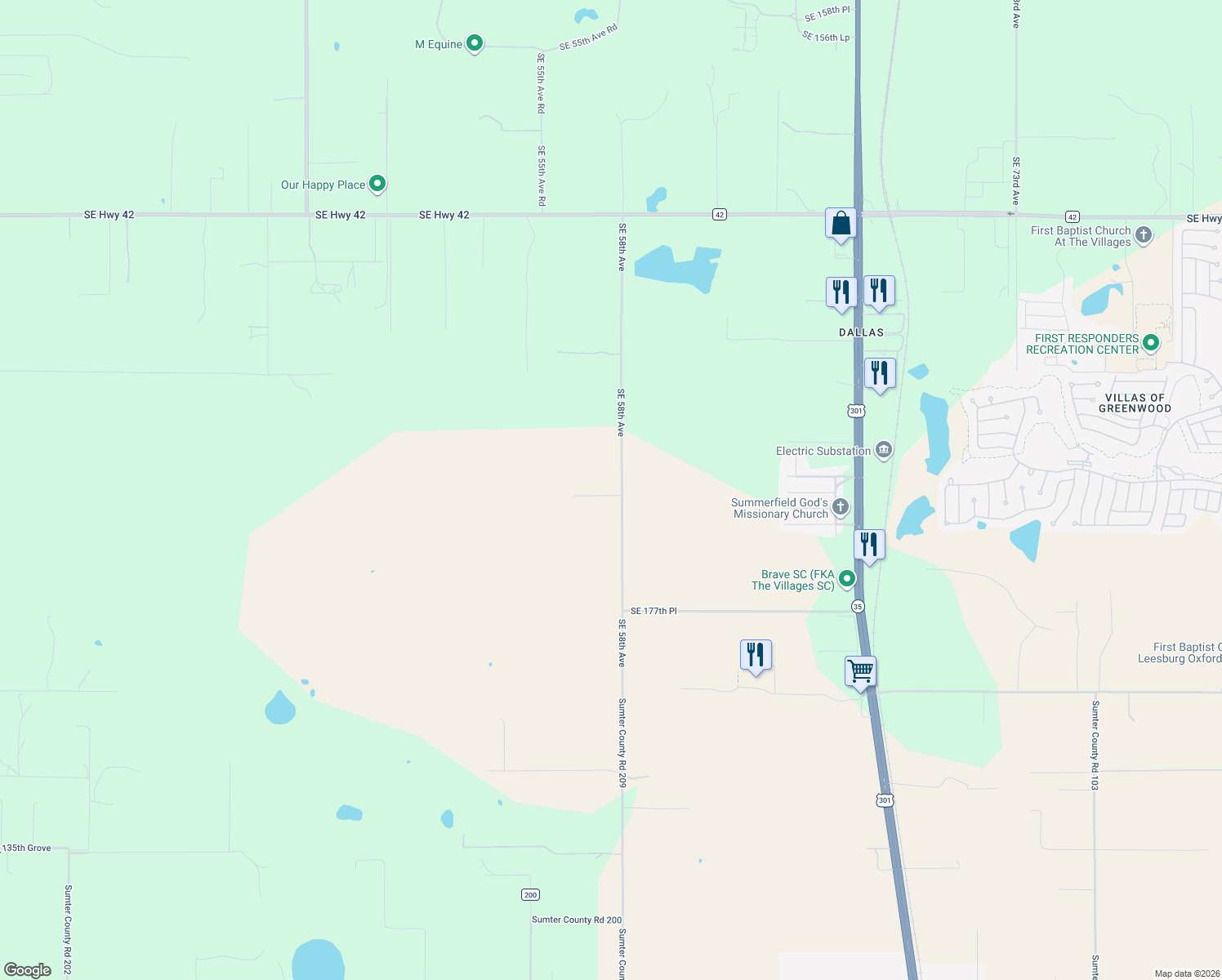 map of restaurants, bars, coffee shops, grocery stores, and more near 17362 Southeast 58th Avenue in Summerfield