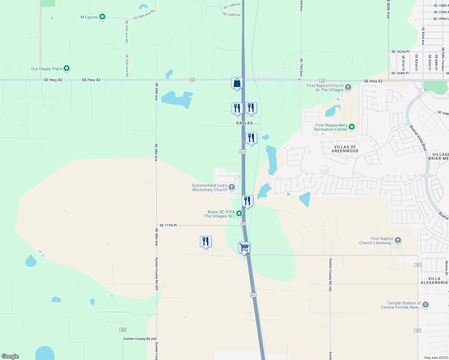 map of restaurants, bars, coffee shops, grocery stores, and more near 6505 Southeast 173 Lane in Summerfield