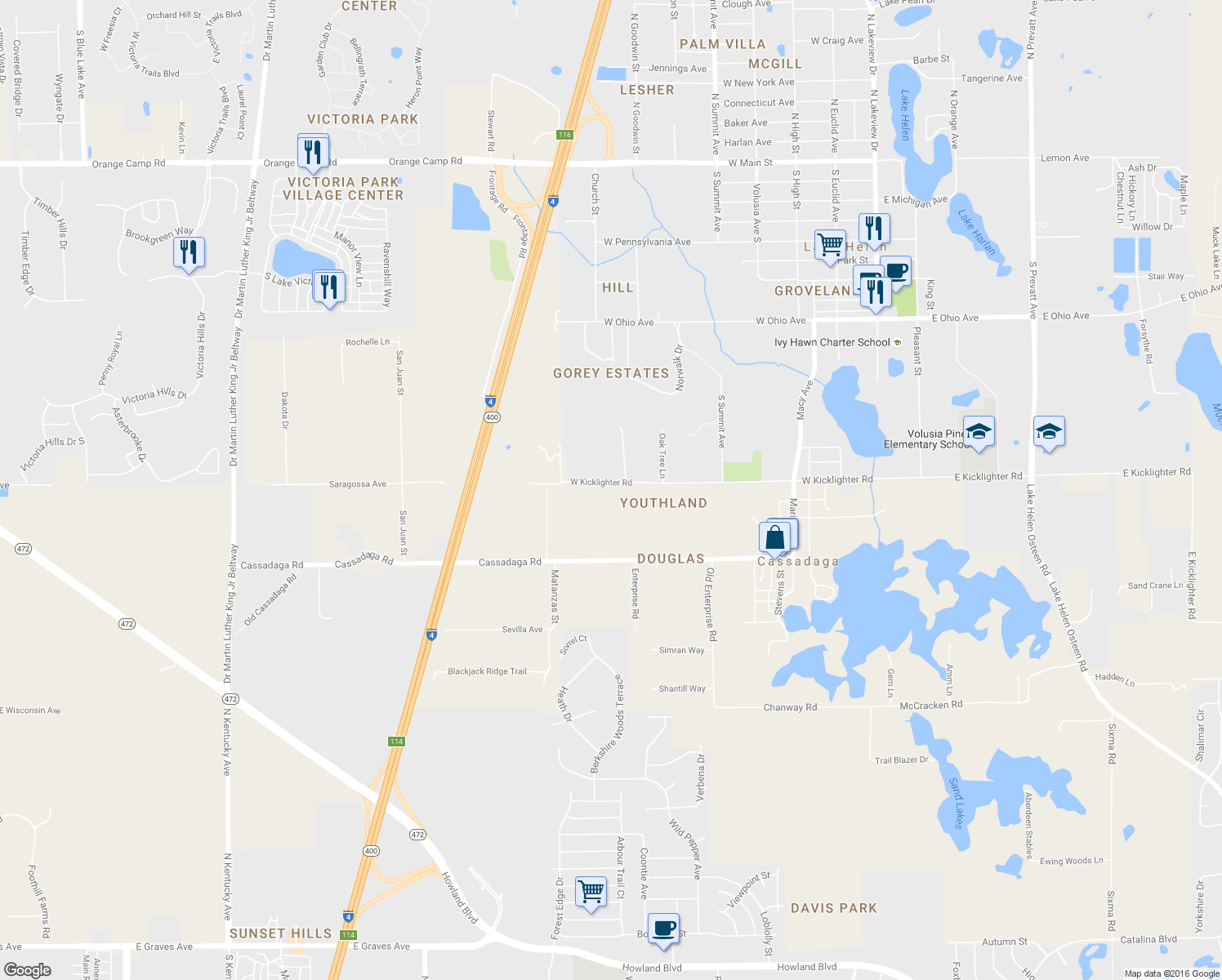 map of restaurants, bars, coffee shops, grocery stores, and more near 815 West Kicklighter Road in Lake Helen