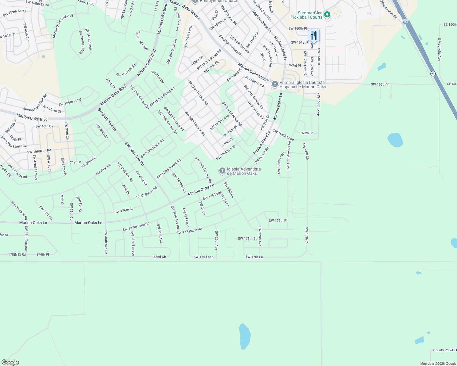 map of restaurants, bars, coffee shops, grocery stores, and more near 17339 Southwest 25th Circle in Ocala