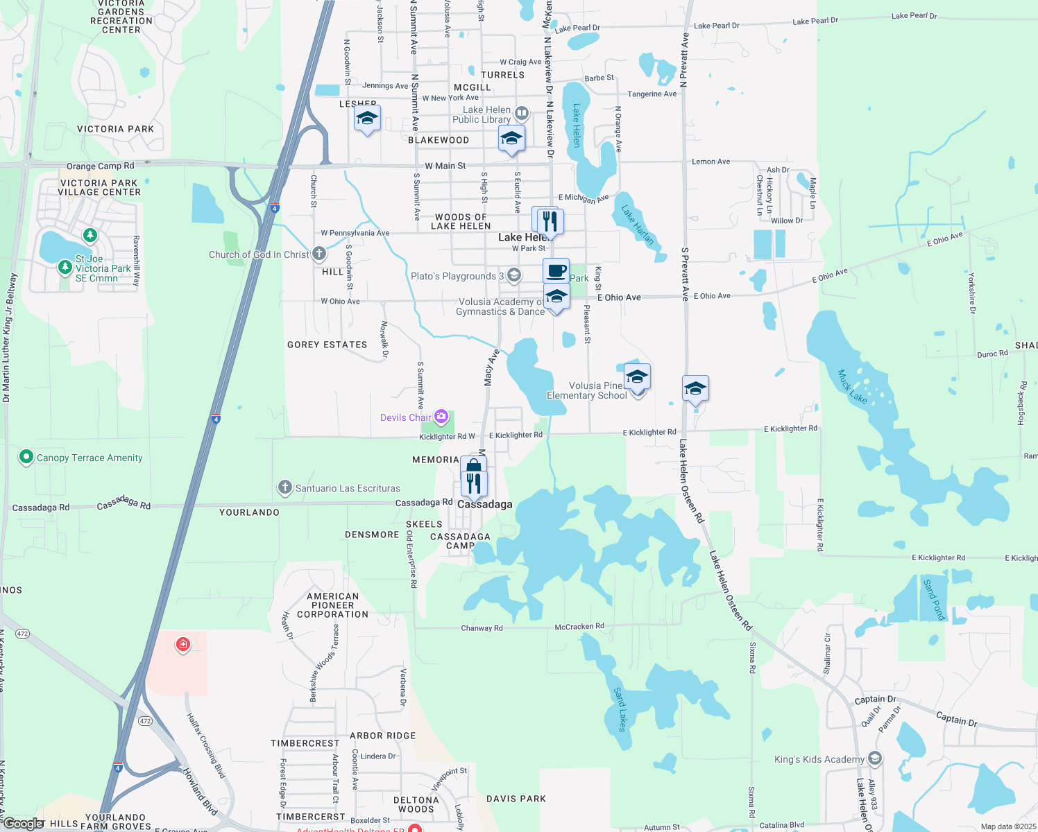map of restaurants, bars, coffee shops, grocery stores, and more near 836 Vista Street in Lake Helen