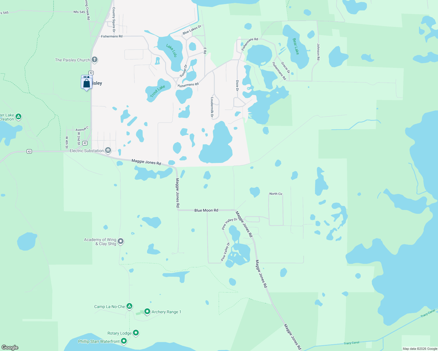 map of restaurants, bars, coffee shops, grocery stores, and more near 42554 Maggie Jones Road in Paisley