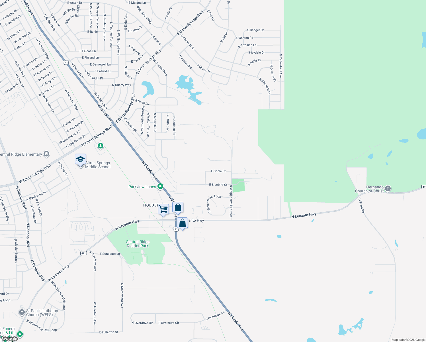 map of restaurants, bars, coffee shops, grocery stores, and more near 1297 East Oriole Court in Hernando