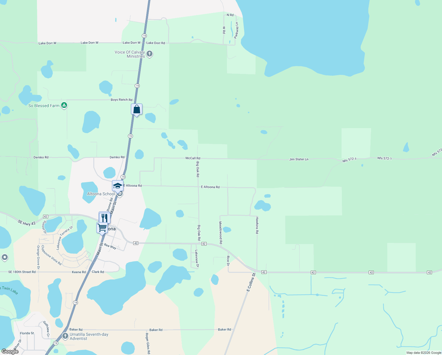 map of restaurants, bars, coffee shops, grocery stores, and more near 19645 East Altoona Road in Altoona