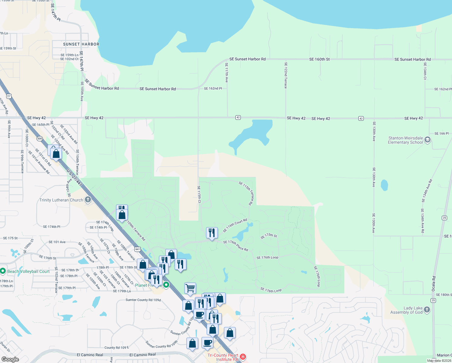 map of restaurants, bars, coffee shops, grocery stores, and more near 17059 SE 115th Terrace Rd in Summerfield