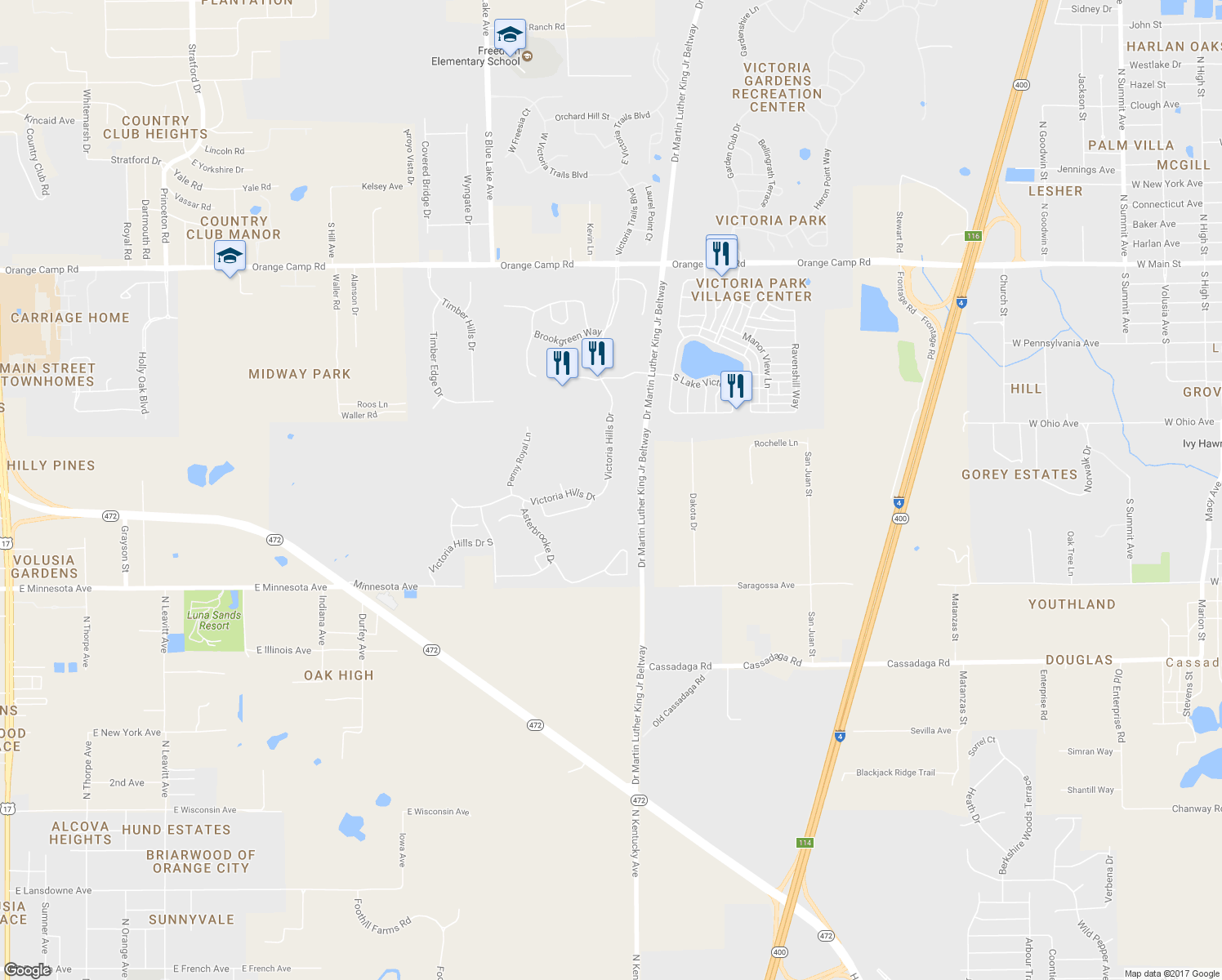 map of restaurants, bars, coffee shops, grocery stores, and more near 467 Victoria Hills Drive in DeLand