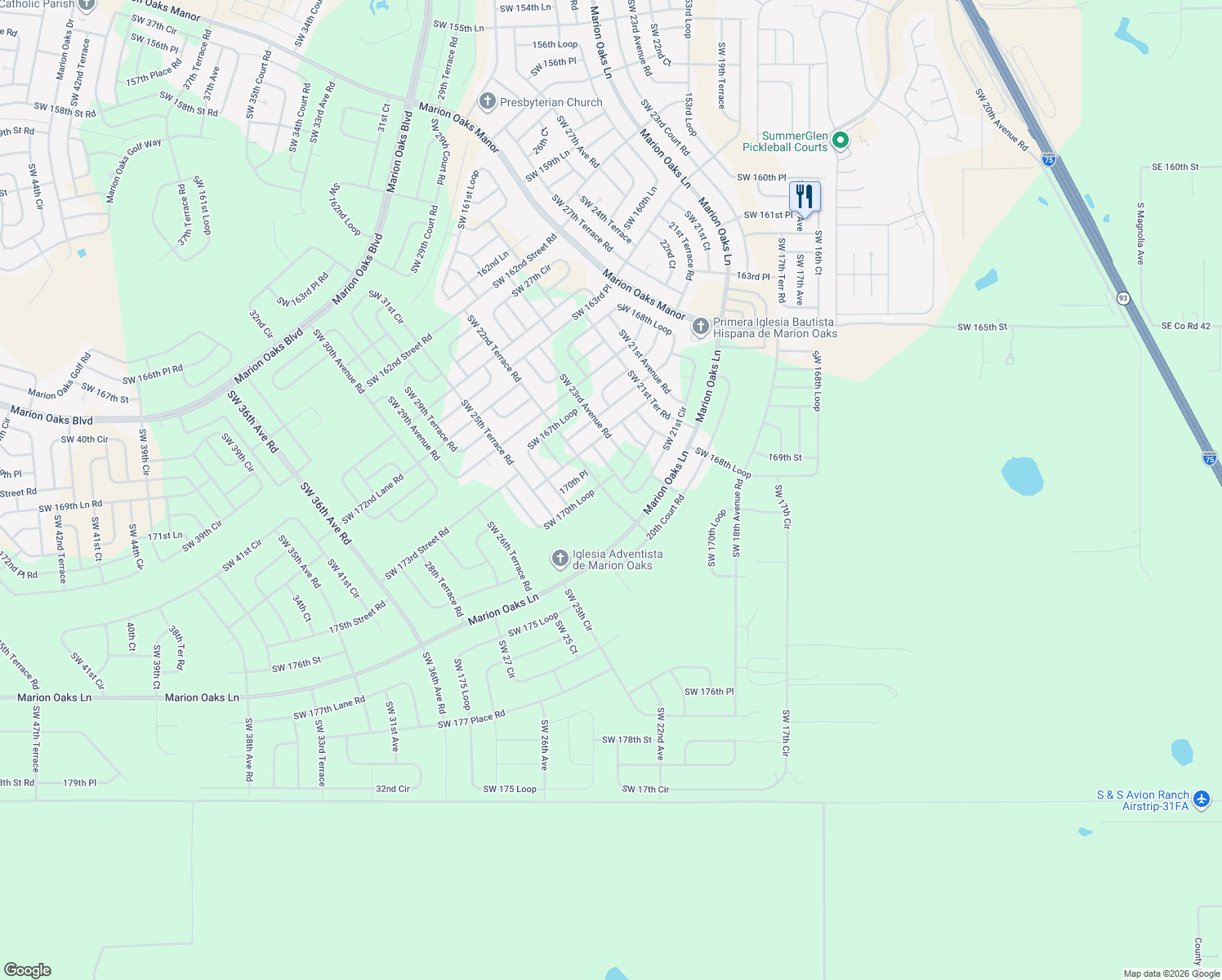 map of restaurants, bars, coffee shops, grocery stores, and more near 17011 Southwest 22nd Terrace Road in Ocala