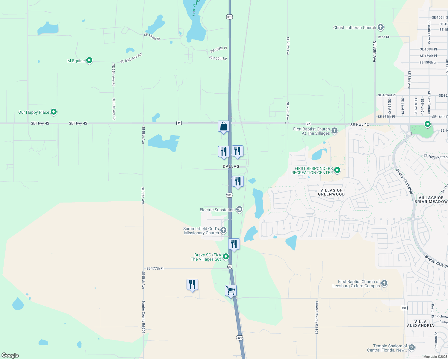 map of restaurants, bars, coffee shops, grocery stores, and more near 16980 U.S. 301 in Summerfield