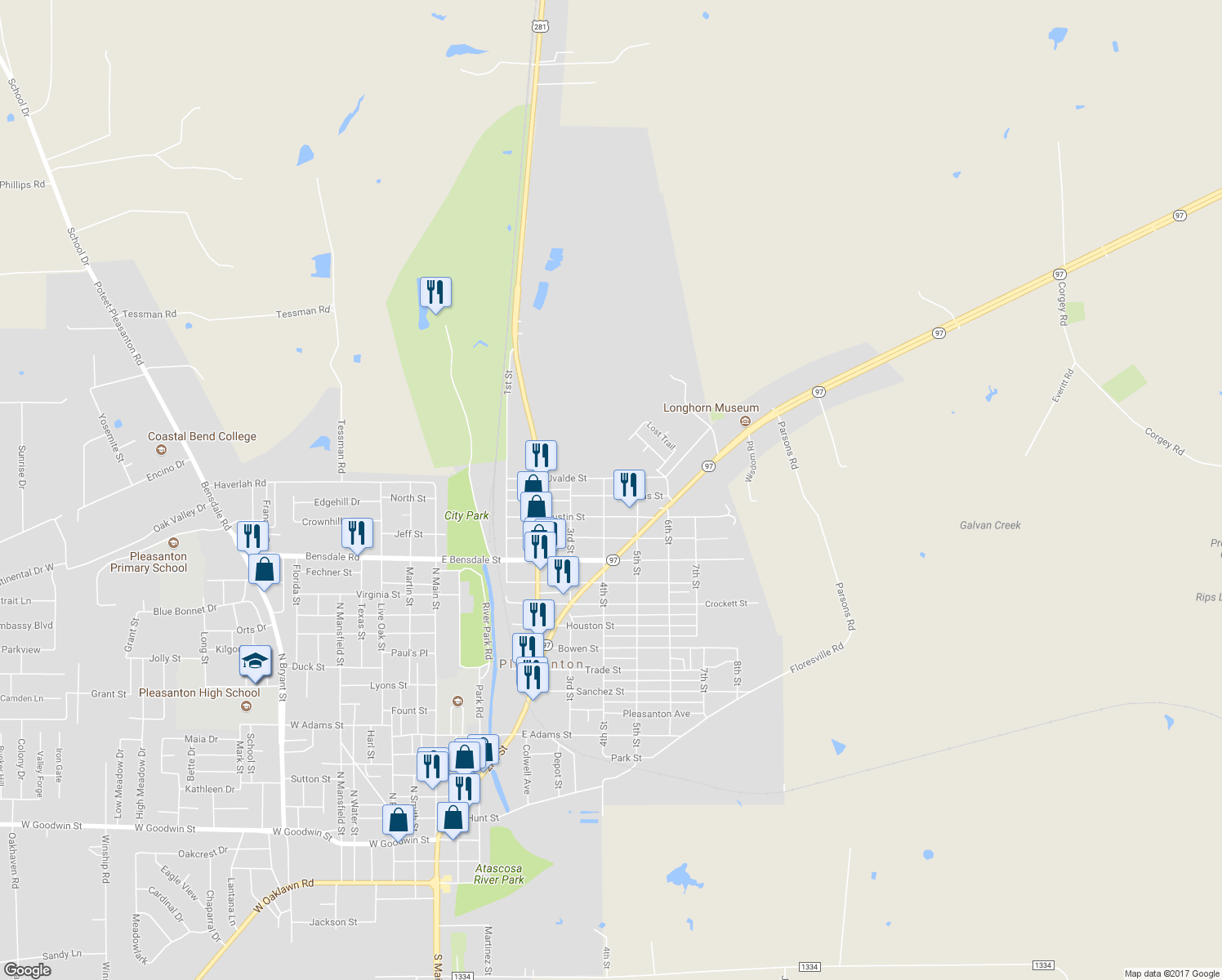 map of restaurants, bars, coffee shops, grocery stores, and more near 707 Dallas Street in Pleasanton