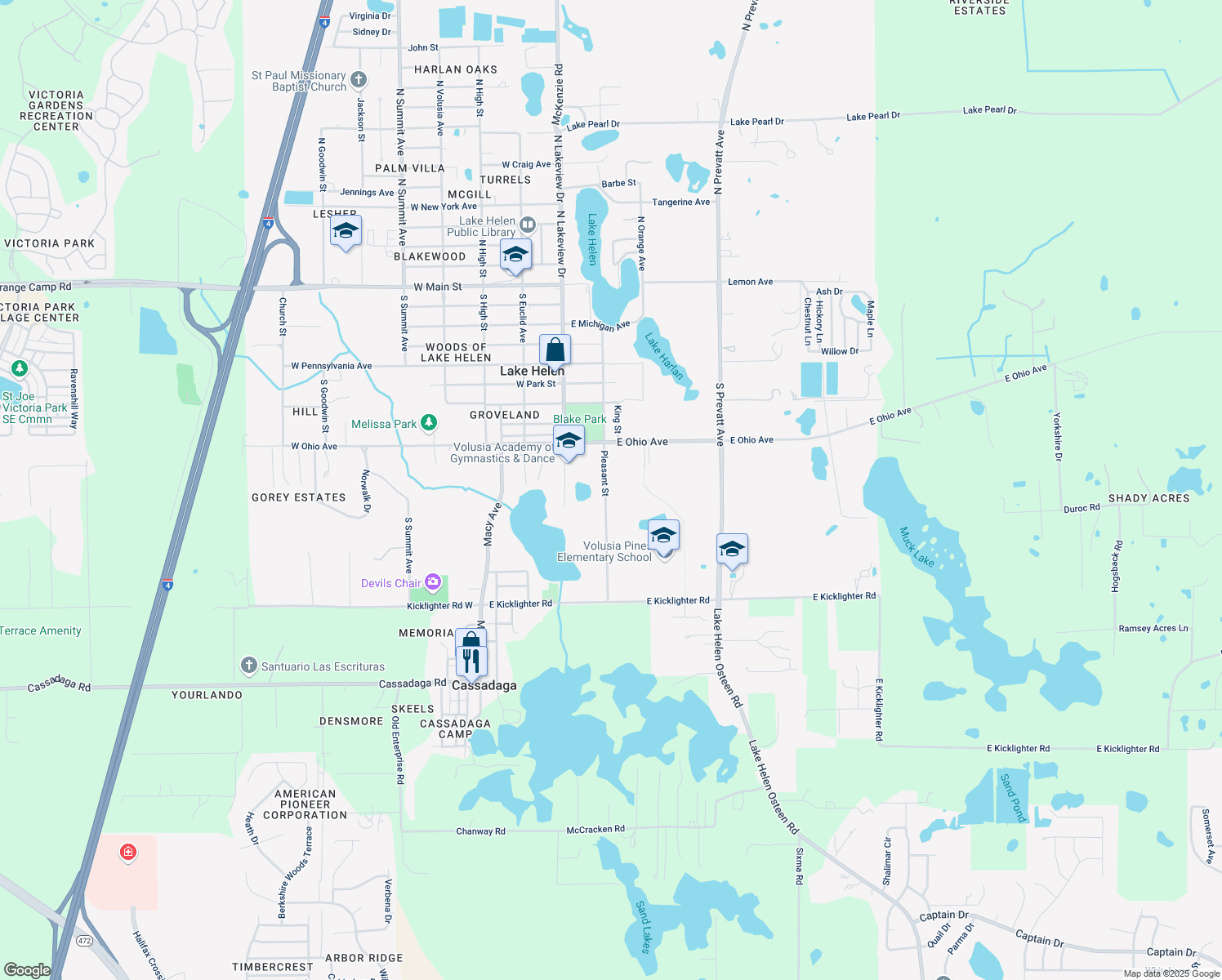 map of restaurants, bars, coffee shops, grocery stores, and more near 623 Pleasant Street in Lake Helen