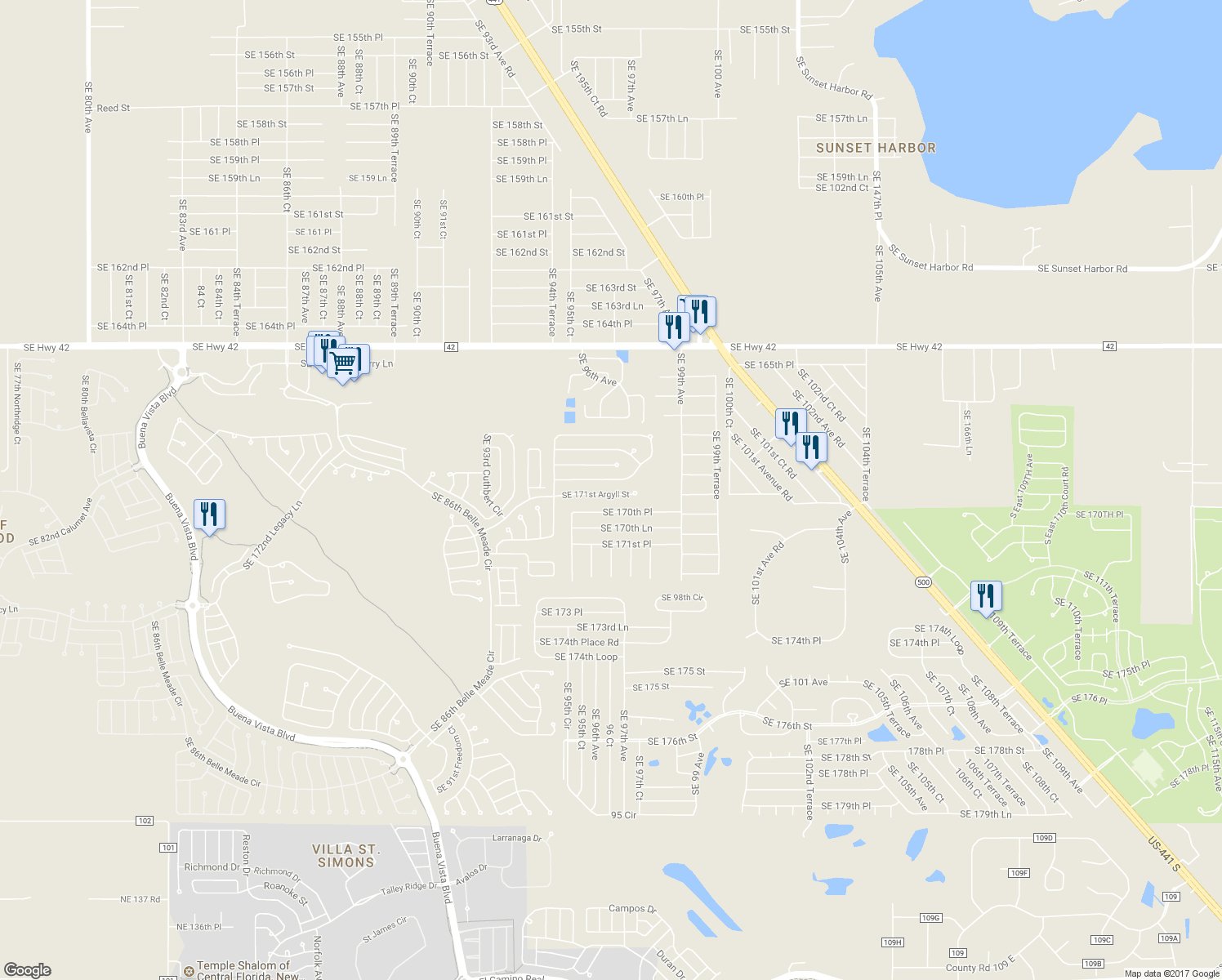 map of restaurants, bars, coffee shops, grocery stores, and more near 9653 Southeast 171st Argyll Street in The Villages