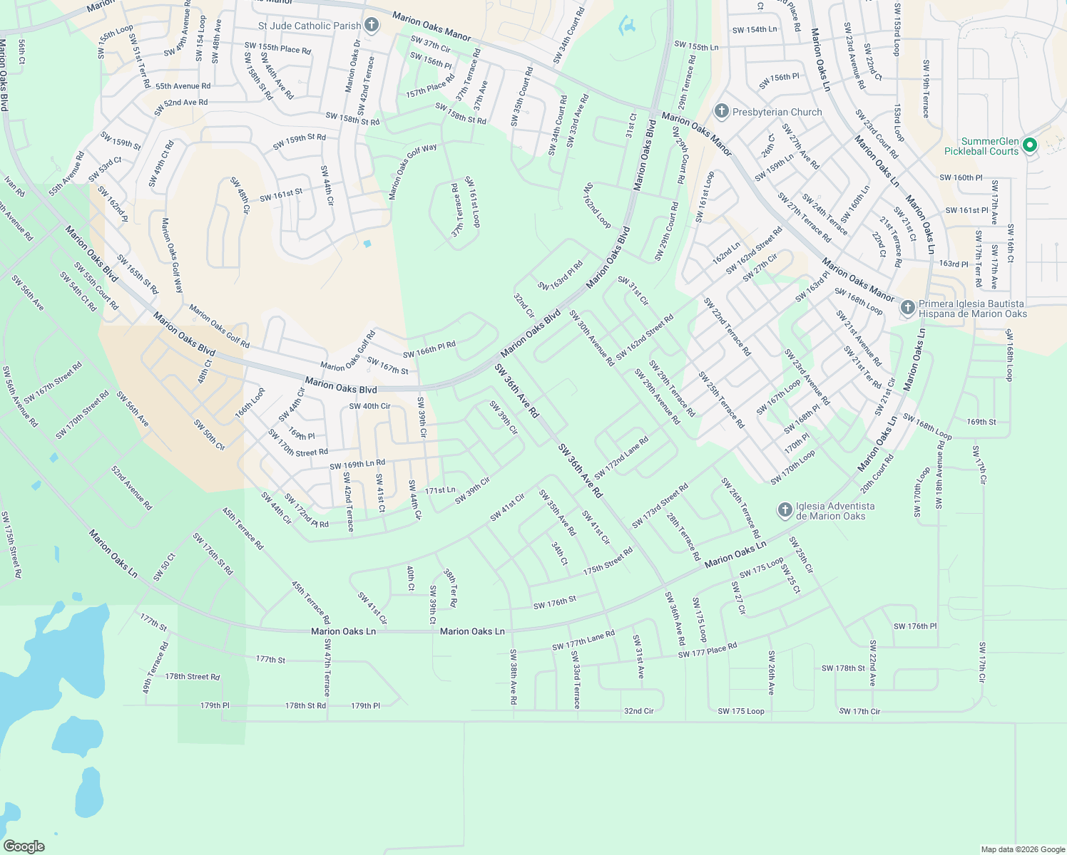 map of restaurants, bars, coffee shops, grocery stores, and more near 16850 Southwest 38th Court Road in Ocala