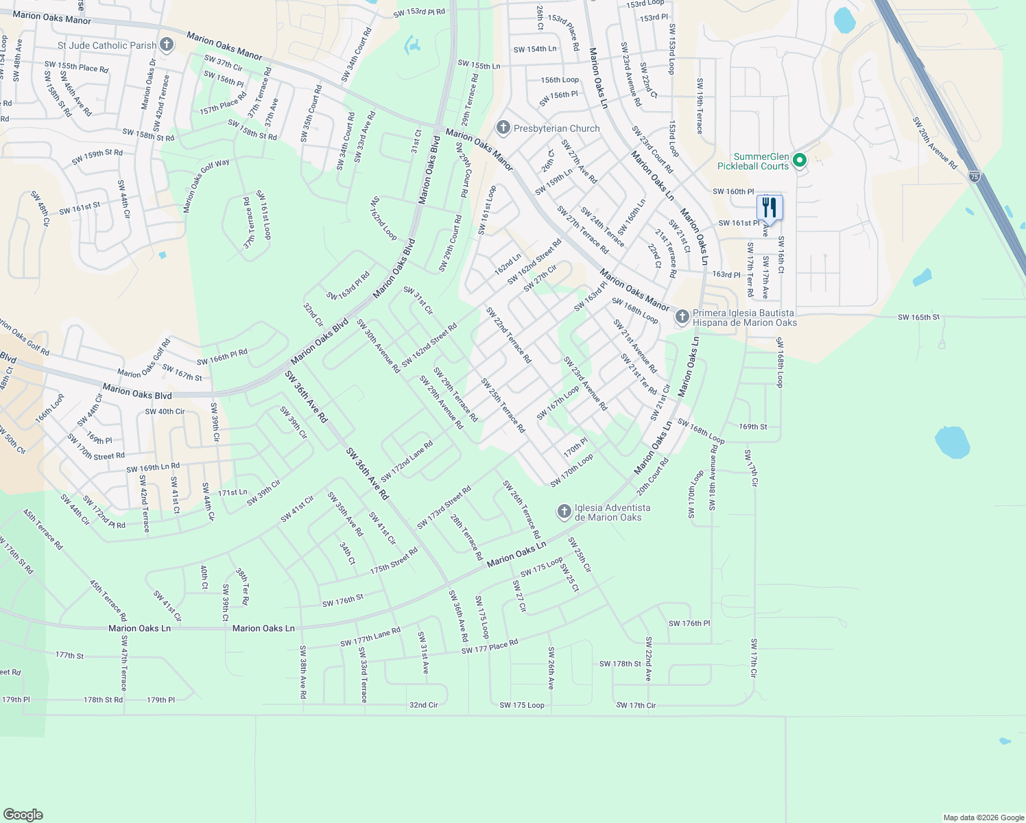 map of restaurants, bars, coffee shops, grocery stores, and more near 2685 Southwest 165th Street Road in Ocala