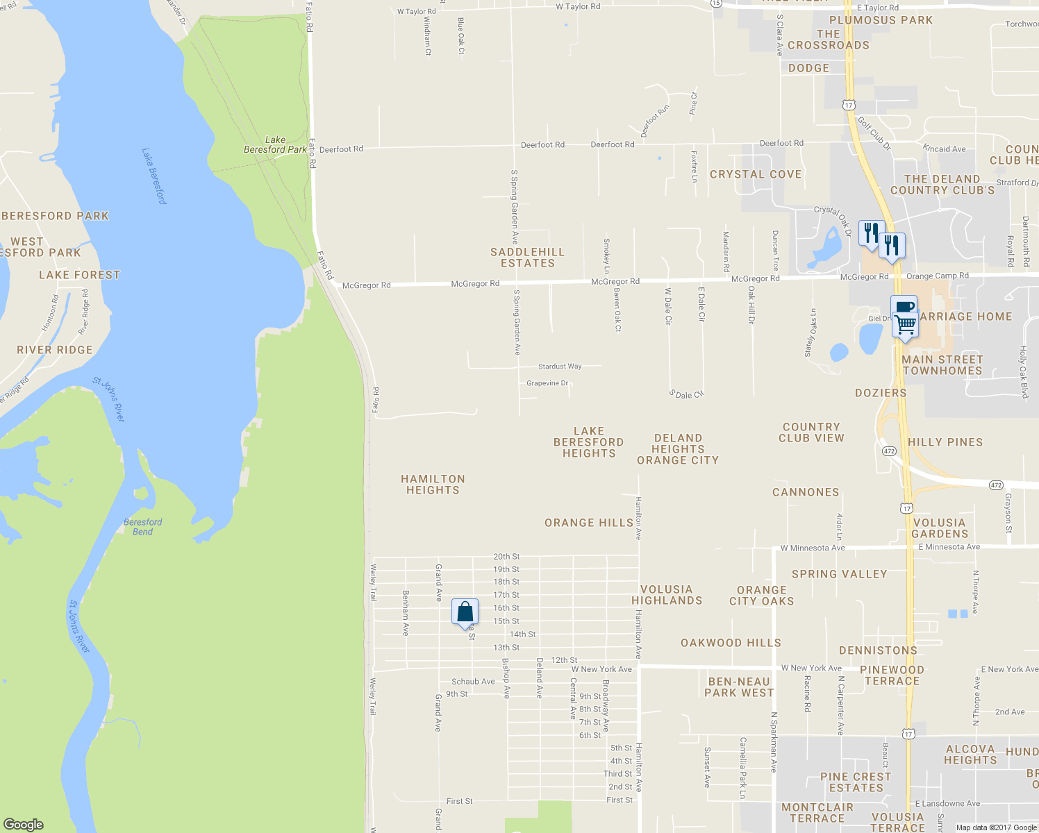 map of restaurants, bars, coffee shops, grocery stores, and more near 4358 South Spring Garden Avenue in DeLand