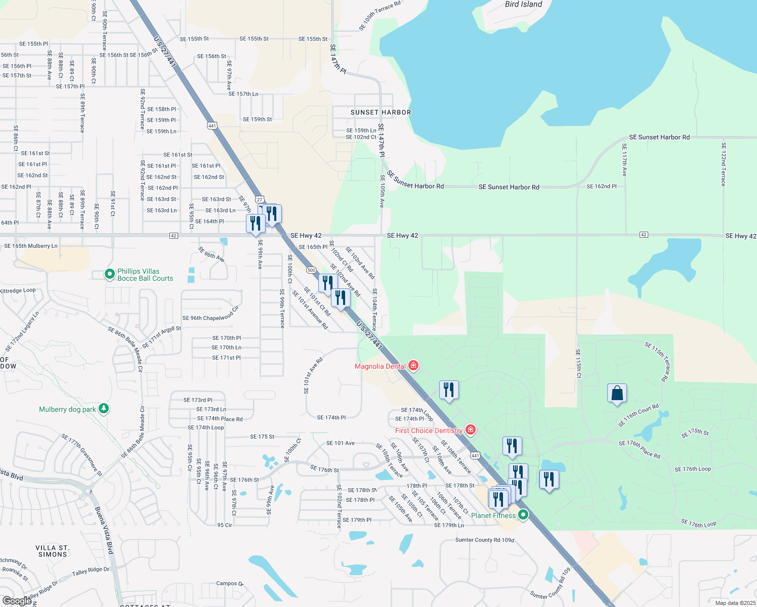 map of restaurants, bars, coffee shops, grocery stores, and more near 16845 Southeast 104th Terrace in Summerfield