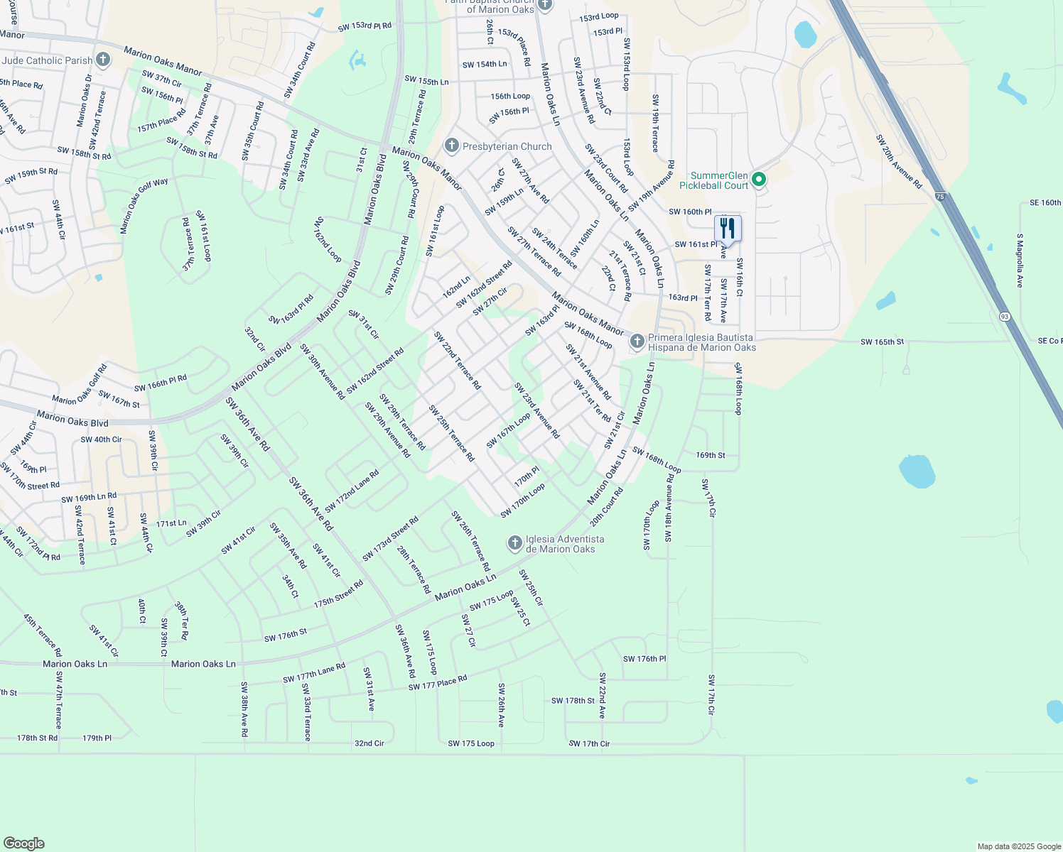 map of restaurants, bars, coffee shops, grocery stores, and more near 2463 Southwest 168th Loop in Ocala