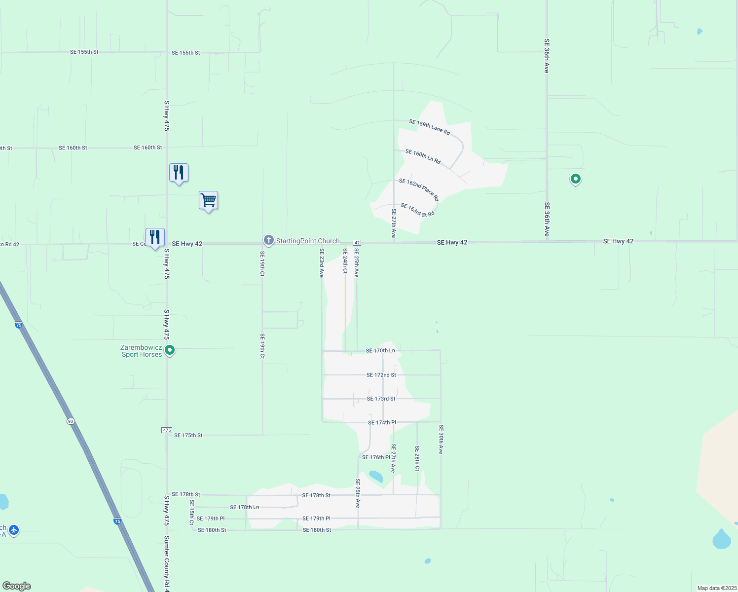 map of restaurants, bars, coffee shops, grocery stores, and more near 16777 Southeast 25th Avenue in Summerfield
