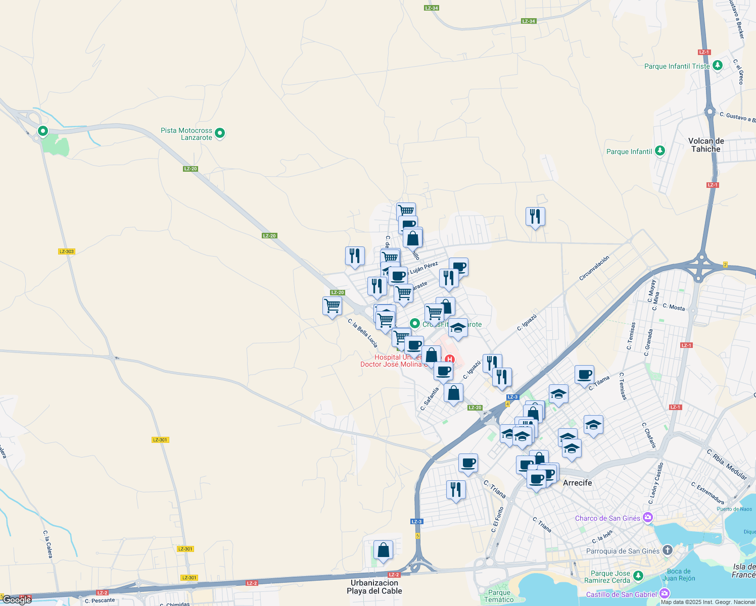 map of restaurants, bars, coffee shops, grocery stores, and more near 10 Calle Tajaraste in Arrecife