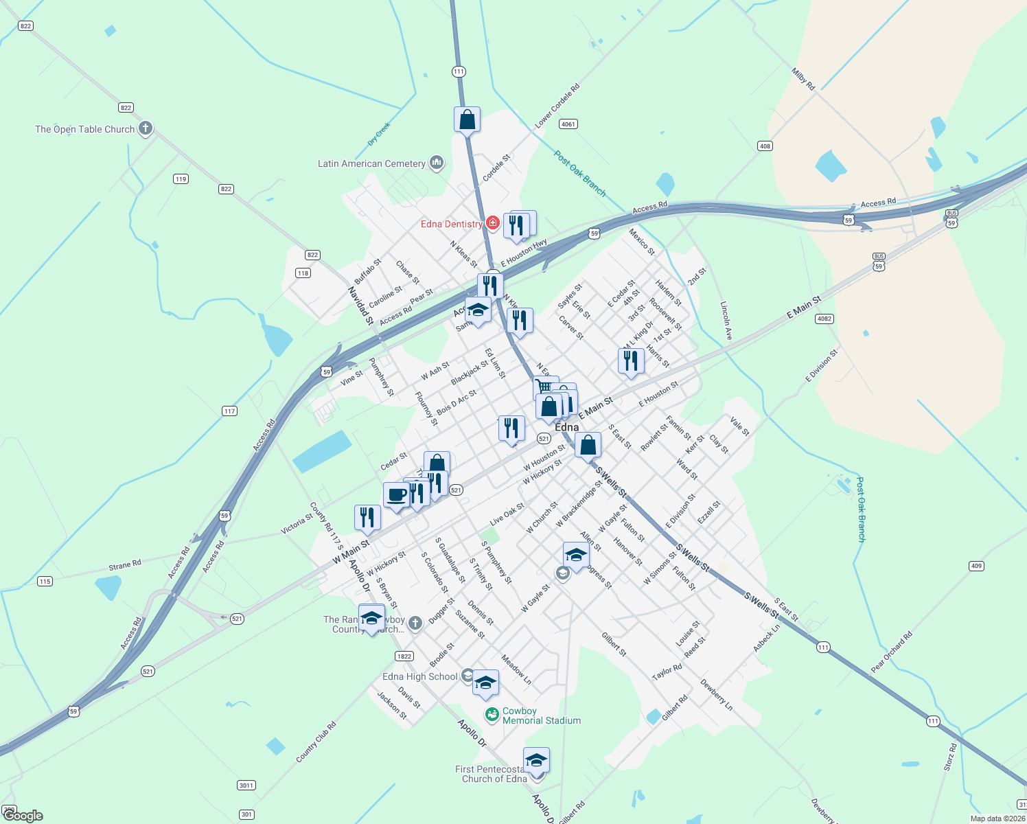 map of restaurants, bars, coffee shops, grocery stores, and more near 206 Cypress Street in Edna