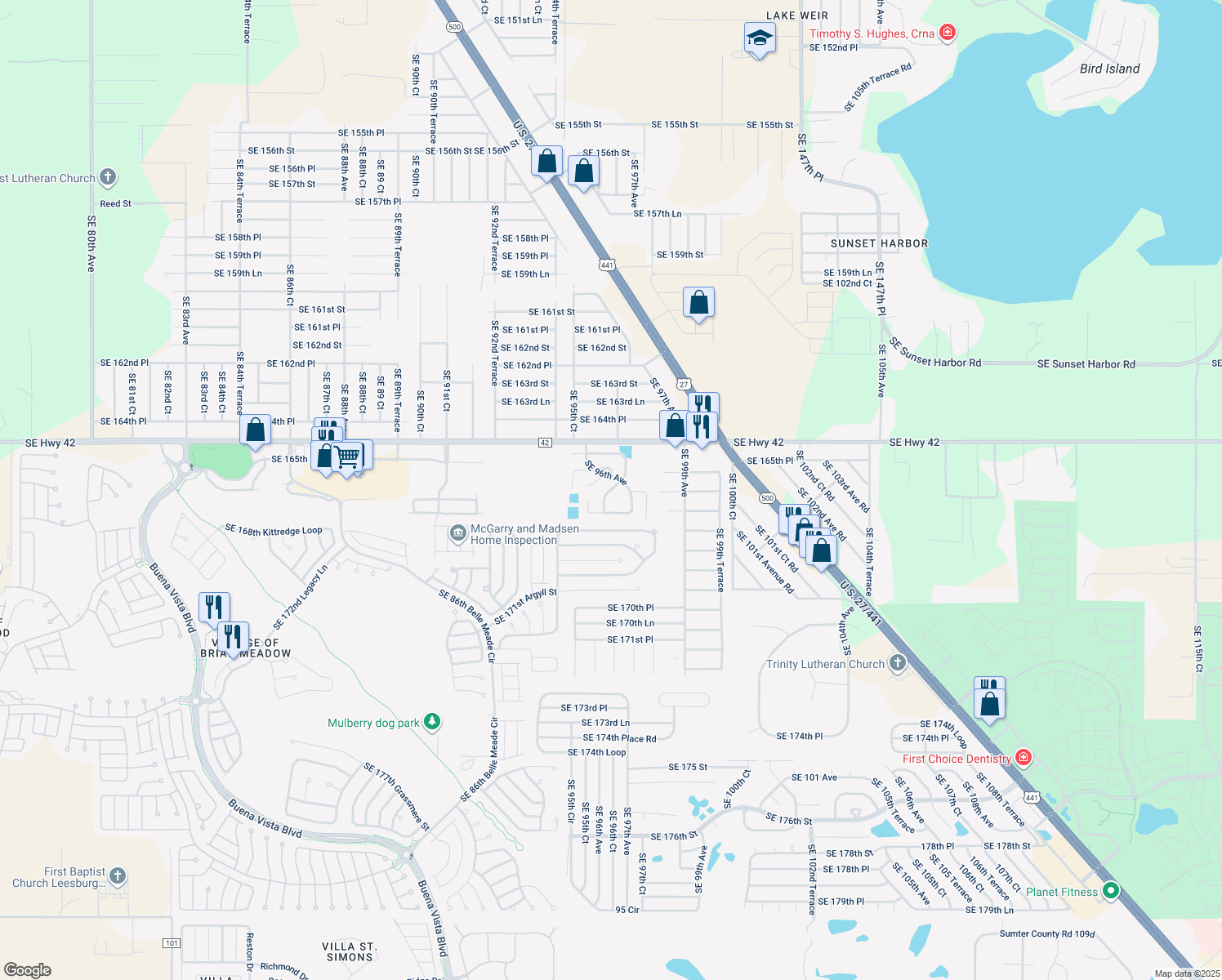 map of restaurants, bars, coffee shops, grocery stores, and more near 17527 Southeast 96th Court in Summerfield