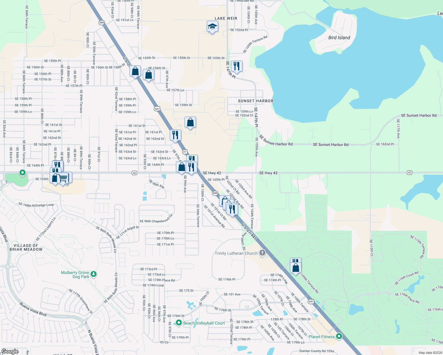 map of restaurants, bars, coffee shops, grocery stores, and more near 10185 Southeast 165th Place in Summerfield