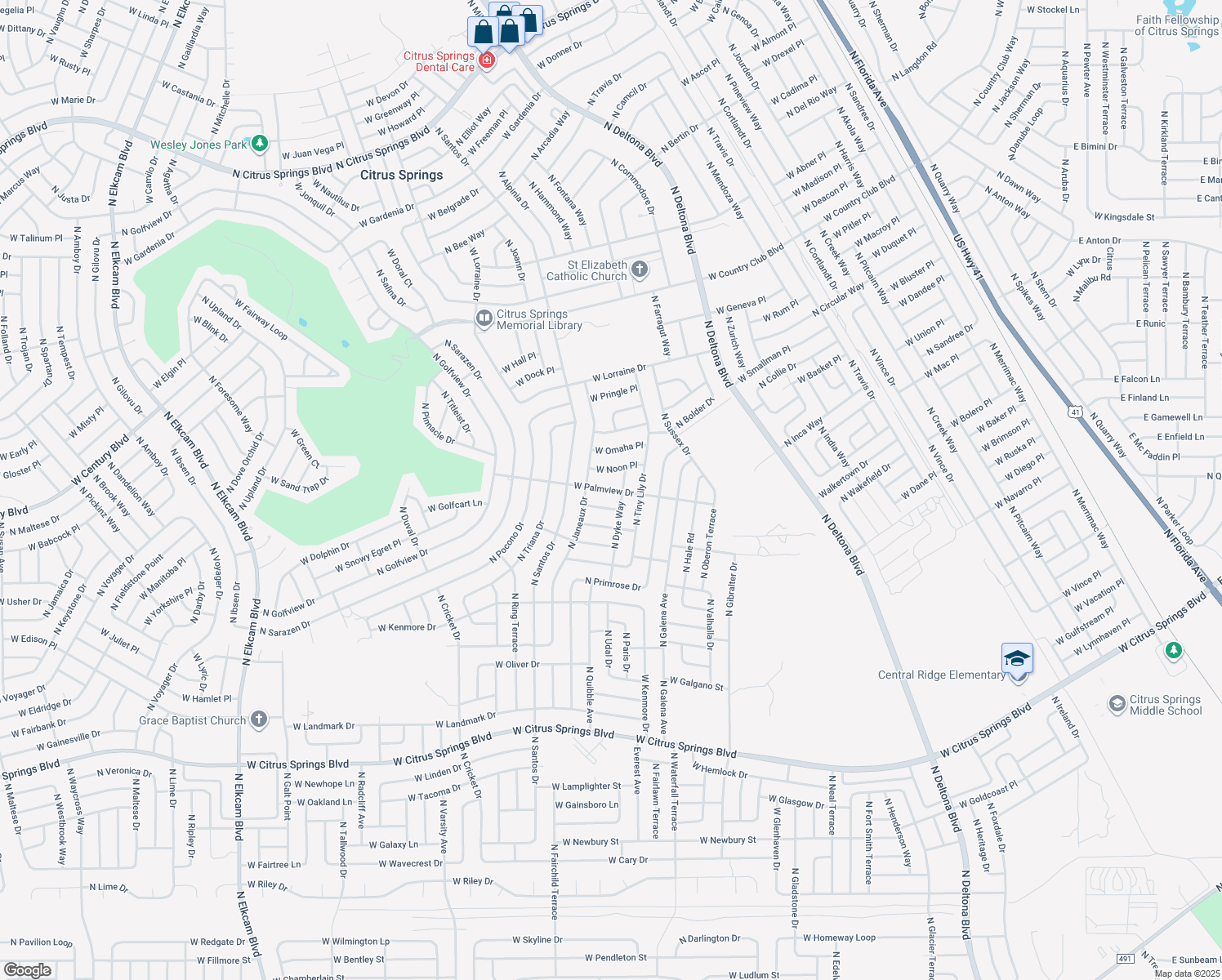 map of restaurants, bars, coffee shops, grocery stores, and more near 1491 West Palmview Drive in Citrus Springs