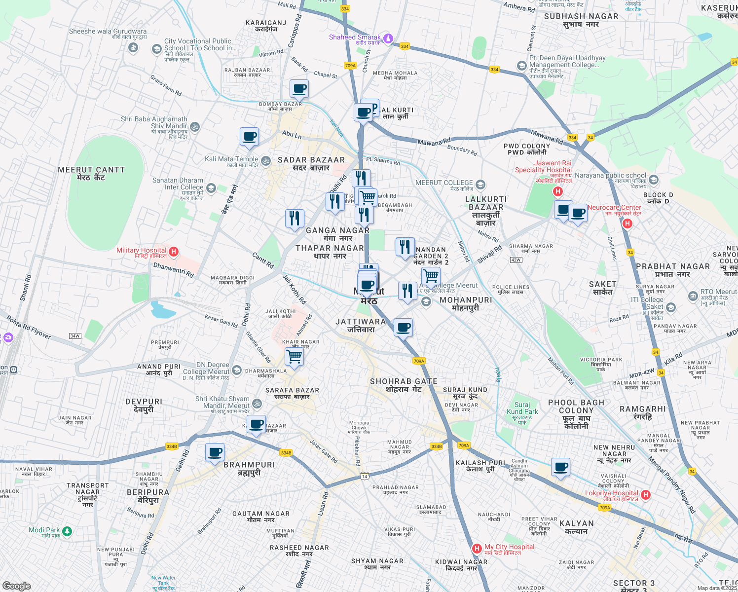 map of restaurants, bars, coffee shops, grocery stores, and more near in Meerut