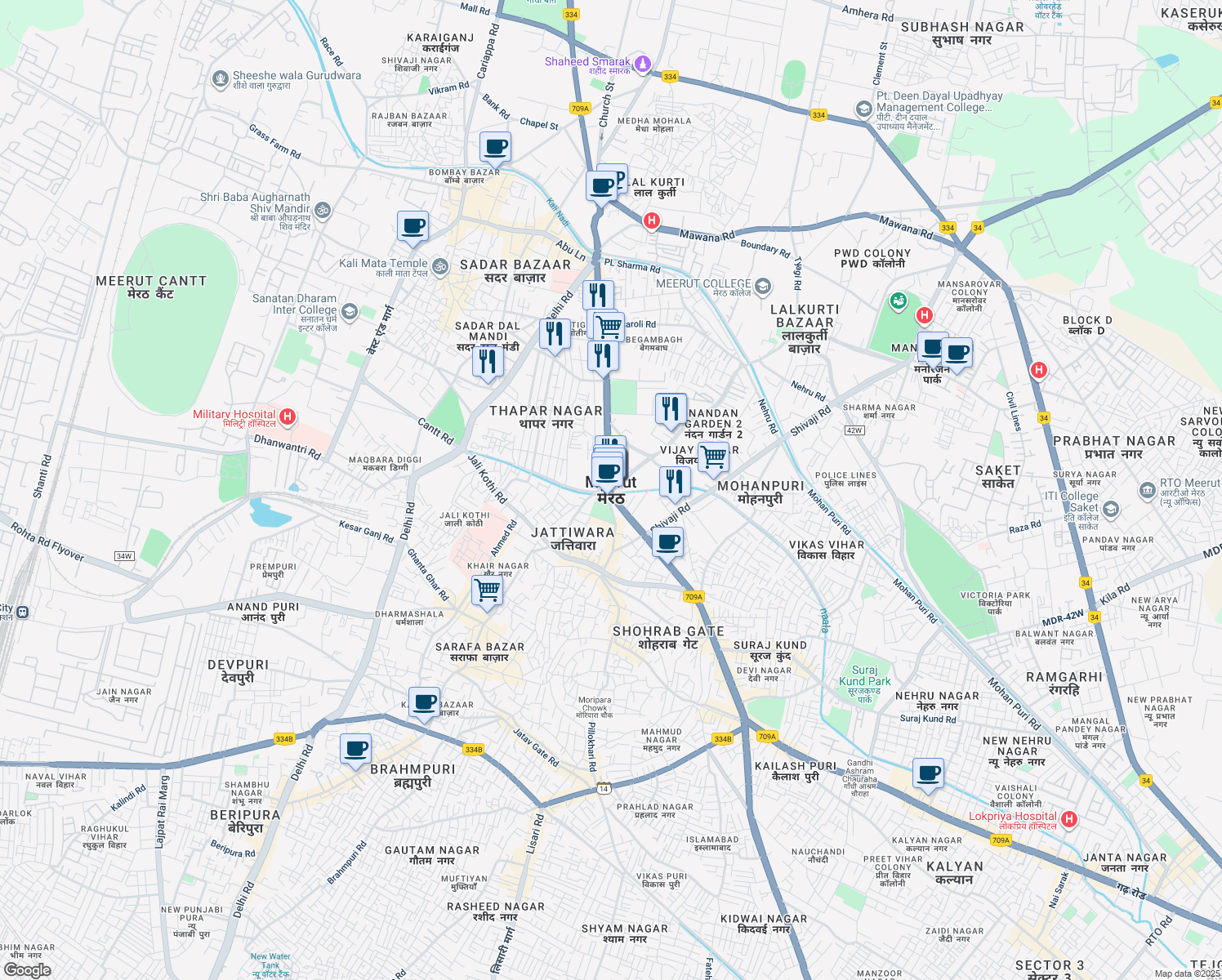 map of restaurants, bars, coffee shops, grocery stores, and more near in Meerut