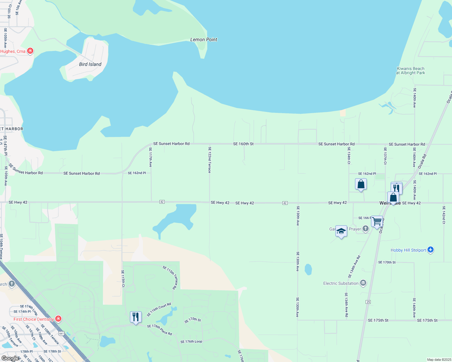 map of restaurants, bars, coffee shops, grocery stores, and more near 16385 Southeast 122nd Terrace in Weirsdale