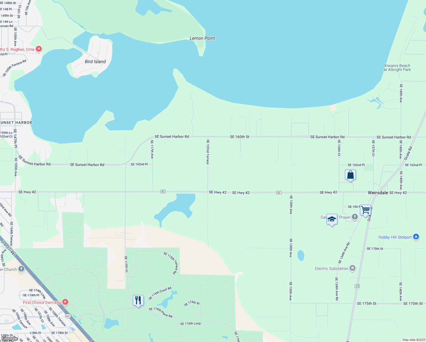map of restaurants, bars, coffee shops, grocery stores, and more near 16317 Southeast 122nd Terrace in Weirsdale