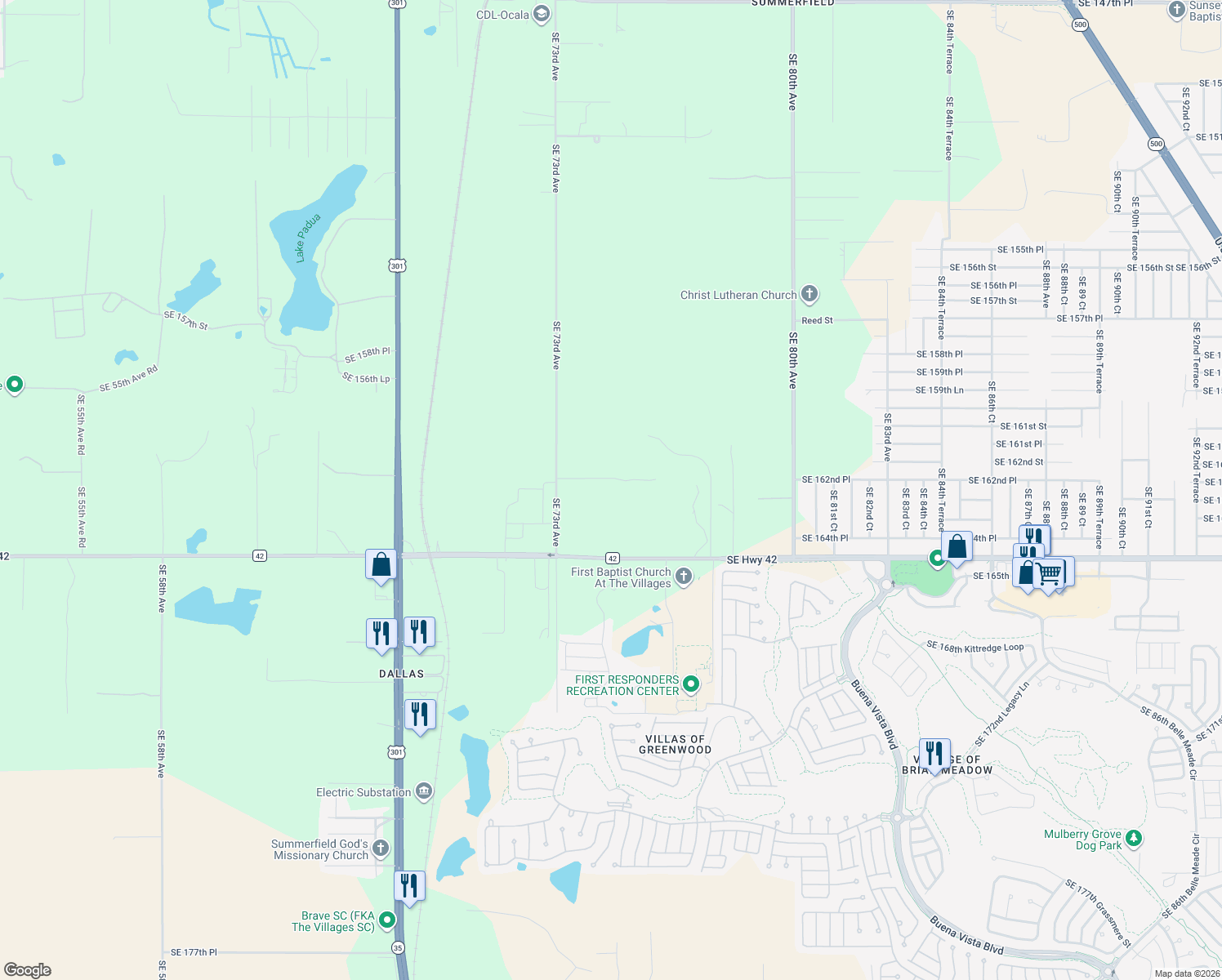 map of restaurants, bars, coffee shops, grocery stores, and more near 16241 Southeast 73rd Avenue in Summerfield
