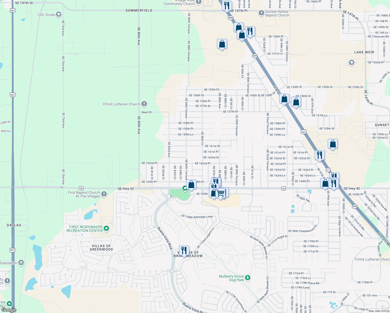 map of restaurants, bars, coffee shops, grocery stores, and more near 8555 Southeast 162nd Place in Summerfield