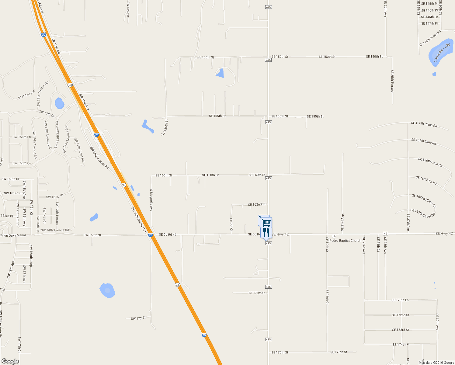 map of restaurants, bars, coffee shops, grocery stores, and more near 910 Southeast 160th Street in Summerfield