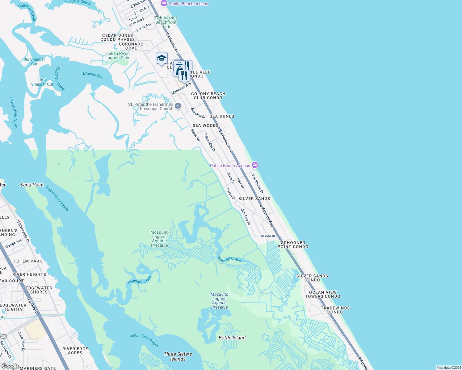 map of restaurants, bars, coffee shops, grocery stores, and more near 203 Hiles Boulevard in New Smyrna Beach