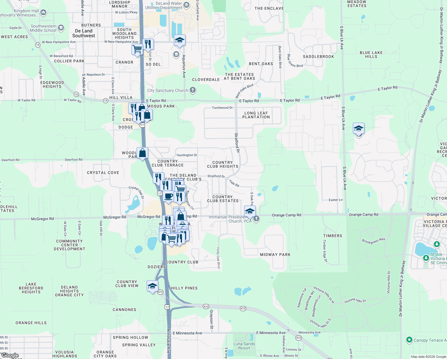 map of restaurants, bars, coffee shops, grocery stores, and more near 2320 Princeton Road in DeLand