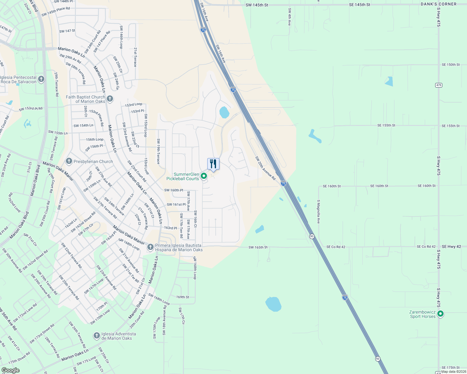 map of restaurants, bars, coffee shops, grocery stores, and more near 16009 Southwest 14th Avenue Road in Ocala