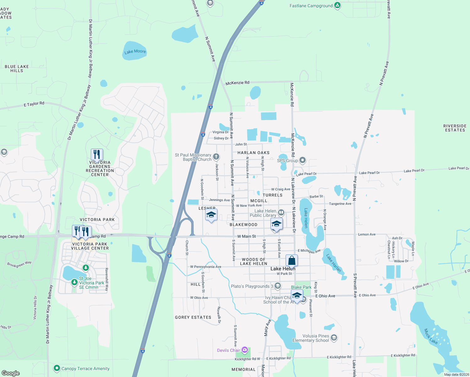 map of restaurants, bars, coffee shops, grocery stores, and more near 492 West Craig Avenue in Lake Helen