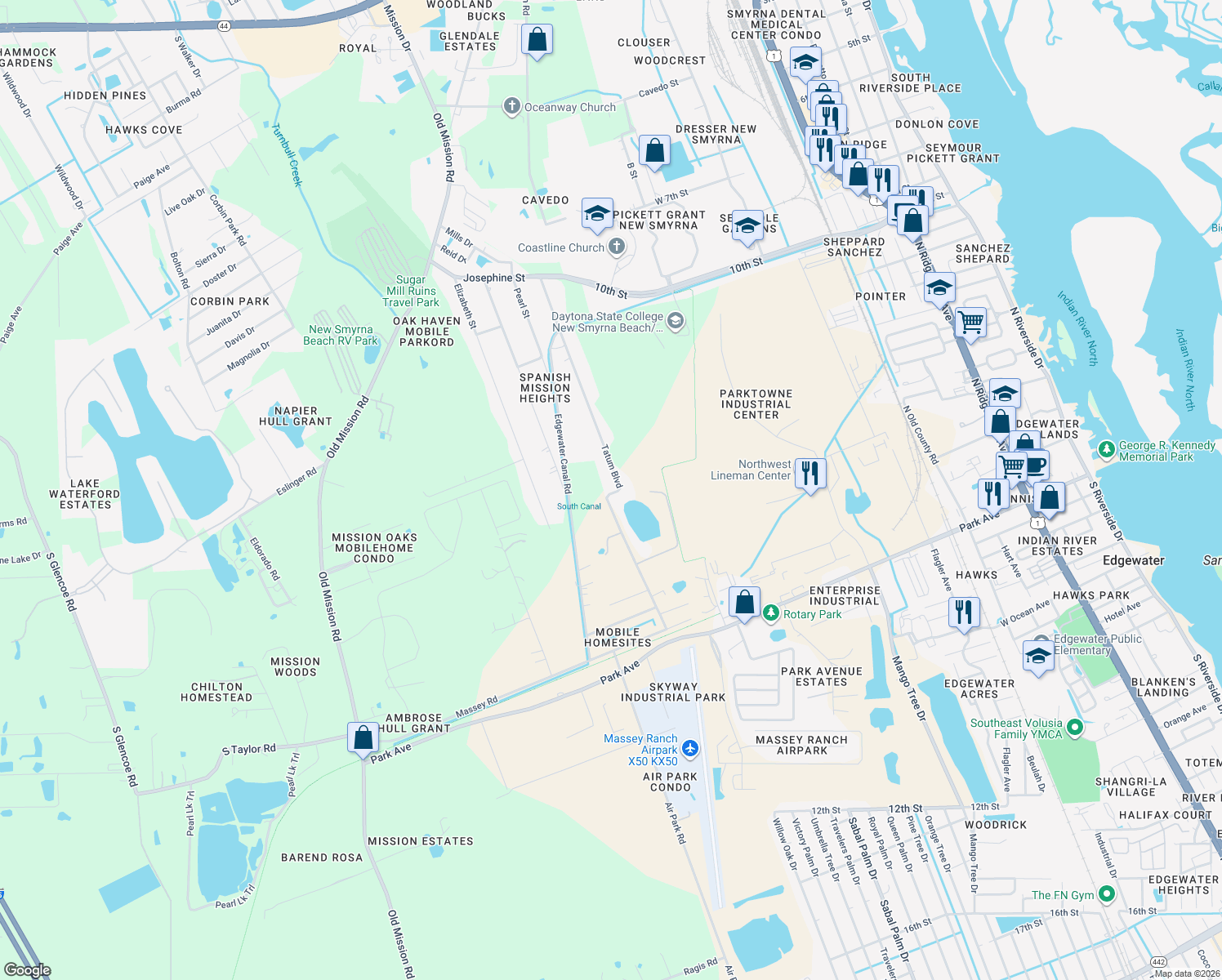 map of restaurants, bars, coffee shops, grocery stores, and more near 1766 Tatum Boulevard in New Smyrna Beach